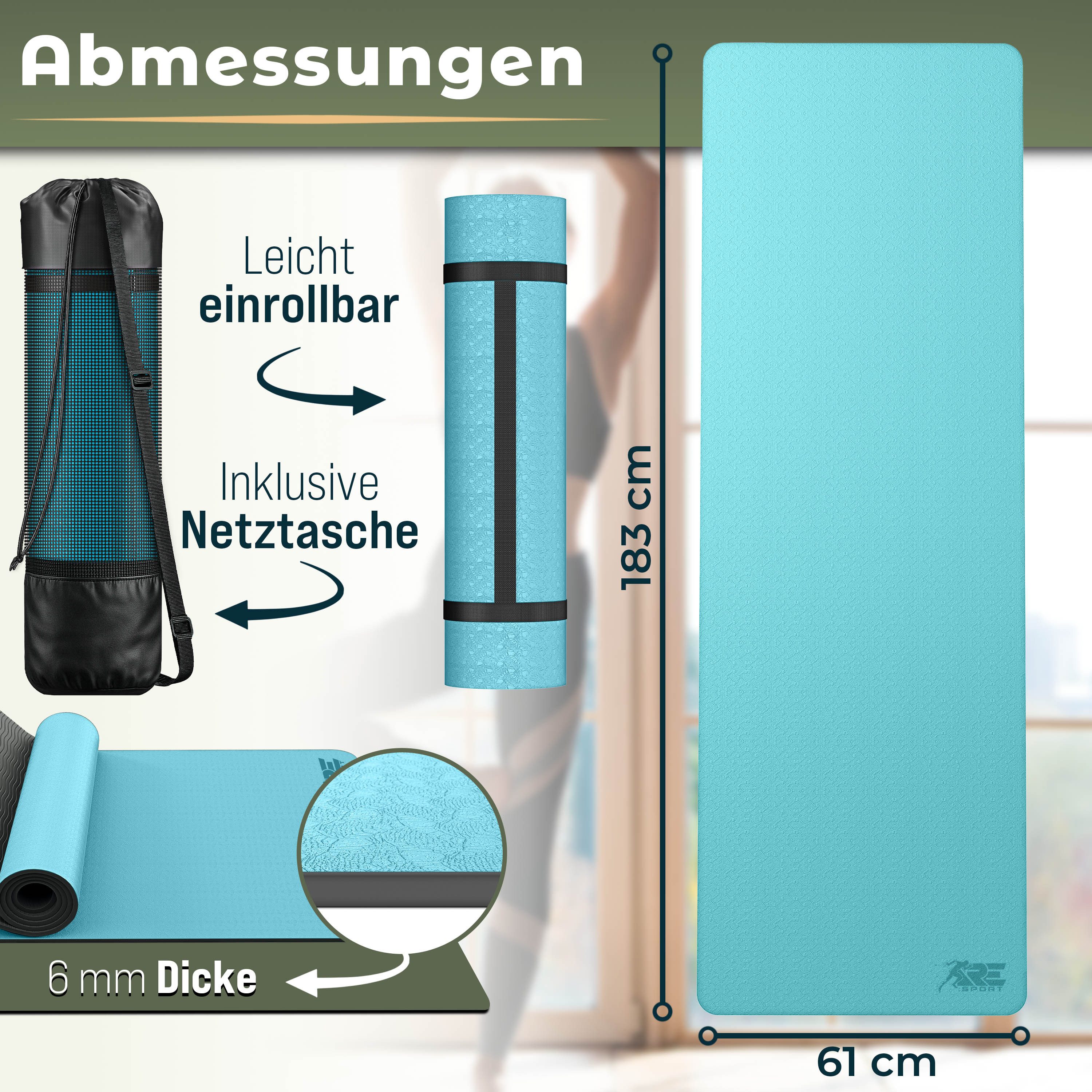 RE:SPORT Gymnastikmatte 183 x 61 x 0,6 cm mit Tragetasche Yogamatte TPE Fitnessmatte (rutschfest), Trainingsmatte mit Tragegurt Fitness Gymnastik Pilates Workou – Bild 3 von 5