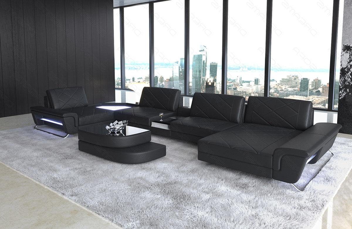 Sofa Dreams Wohnlandschaft Leder Couch Sofa Ferrara Ledersofa mit, Multifunktionskonsole, USB, LED