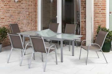MERXX Garten-Essgruppe Sorrento, (Set 7-teilig, Tisch, 6 Stapelsessel, Aluminium mit Textilbespannung, Sicherheitsglas), mit platzsparenden Stapelsesseln
