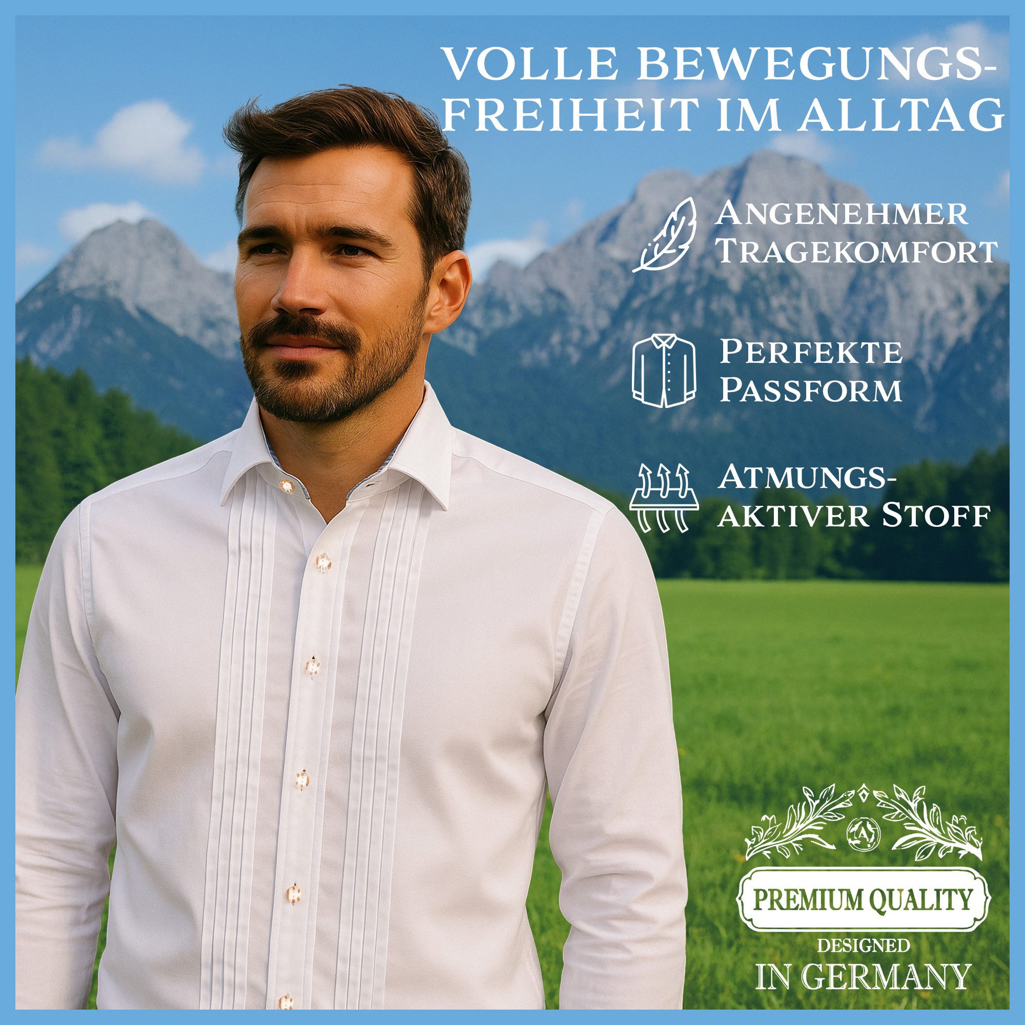 Steigenhöfer Manufaktur Trachtenhemd Langarm - Victor - Herren Hemd mit Kentkragen & Hornoptik-Knöpfe Traditionell bayrisches Hemd mit angenehmen Tragekomfort - Oktoberfest