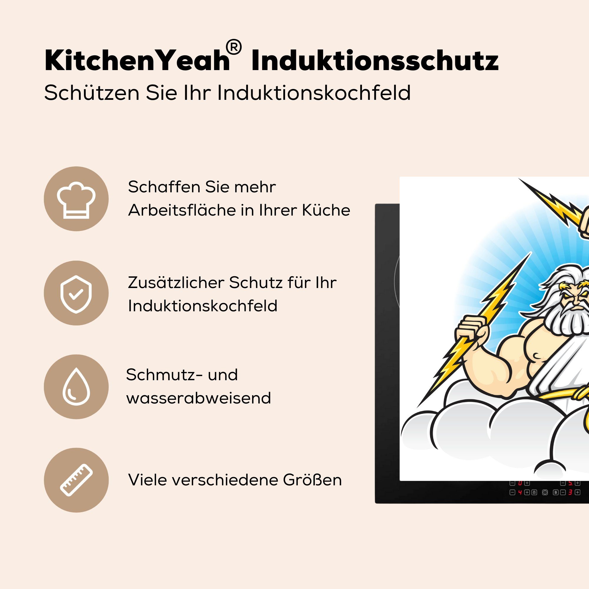 Vinyl, von MuchoWow seinen nutzbar, Blitzen Zeus Eine cm, mit in Herdblende-/Abdeckplatte Händen, (1 Ceranfeldabdeckung Mobile Illustration tlg), Arbeitsfläche 60x52