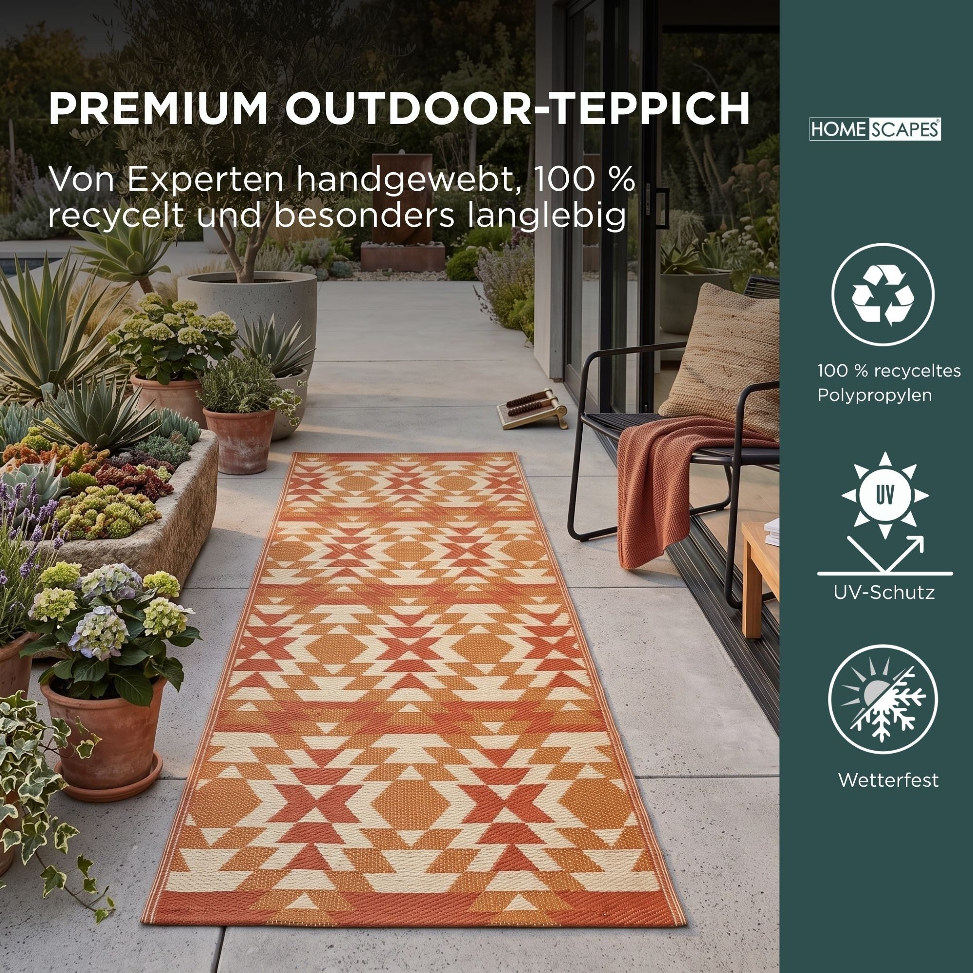 Homescapes Outdoorteppich Outdoor Teppich-Läufer Anya 75 x 200 cm – Ethno-Muster, rot-orange, rechteckig, Höhe: 20 mm