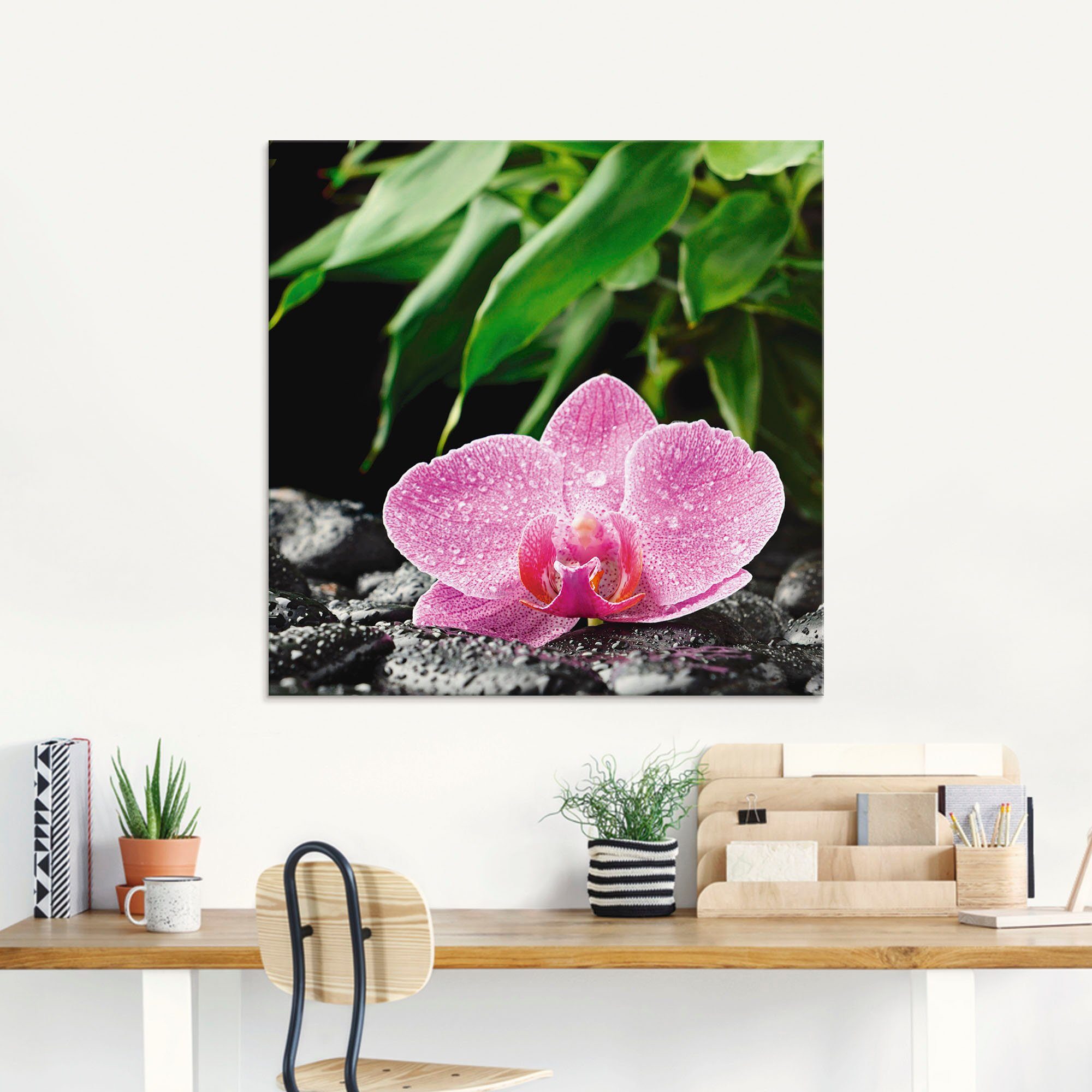 Artland Glasbild Rosa Orchidee auf schwarzen Zen Steinen, Blumen (1 St), in verschiedenen Größen