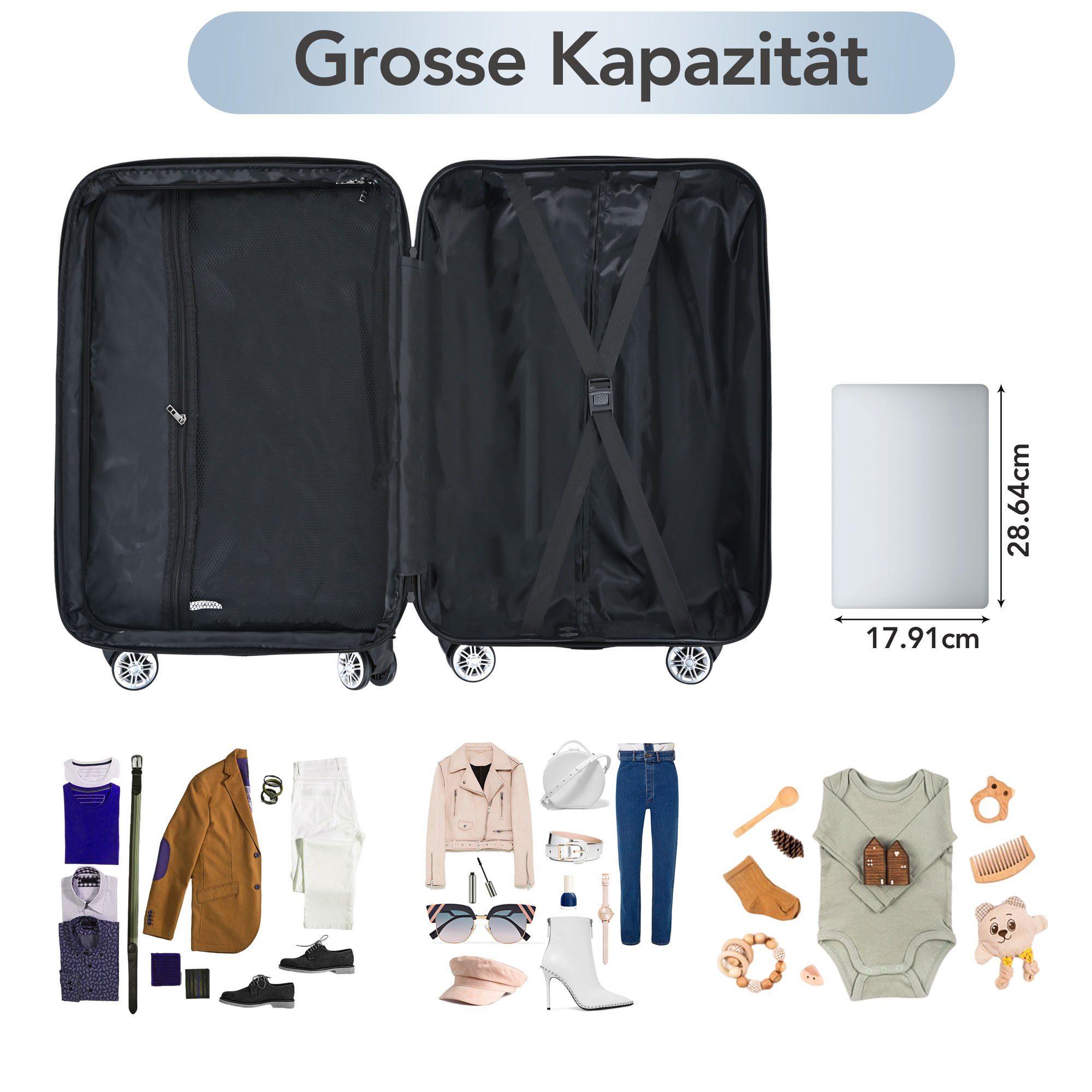 42*28*74 BlingBin - Doppelrad TSA-Schloss XL, Hartschalen-Handgepäck Universalrad Mit ABS-Material XL cm Handgepäckkoffer mit Grau Bremsen