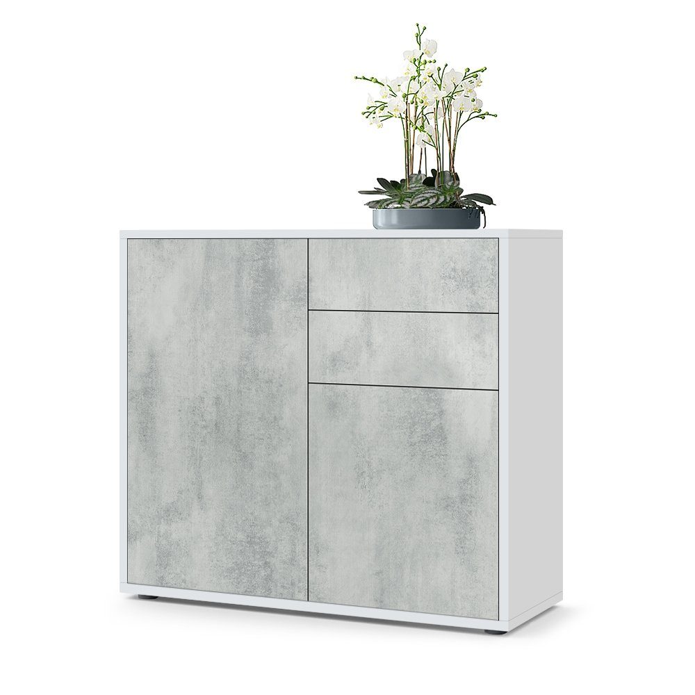 Vladon Kommode Ben V1 (Kommode, mit 2 Türen und 2 Schubladen), Weiß matt/Beton Oxid-Optik (79 x 74 x 36 cm)
