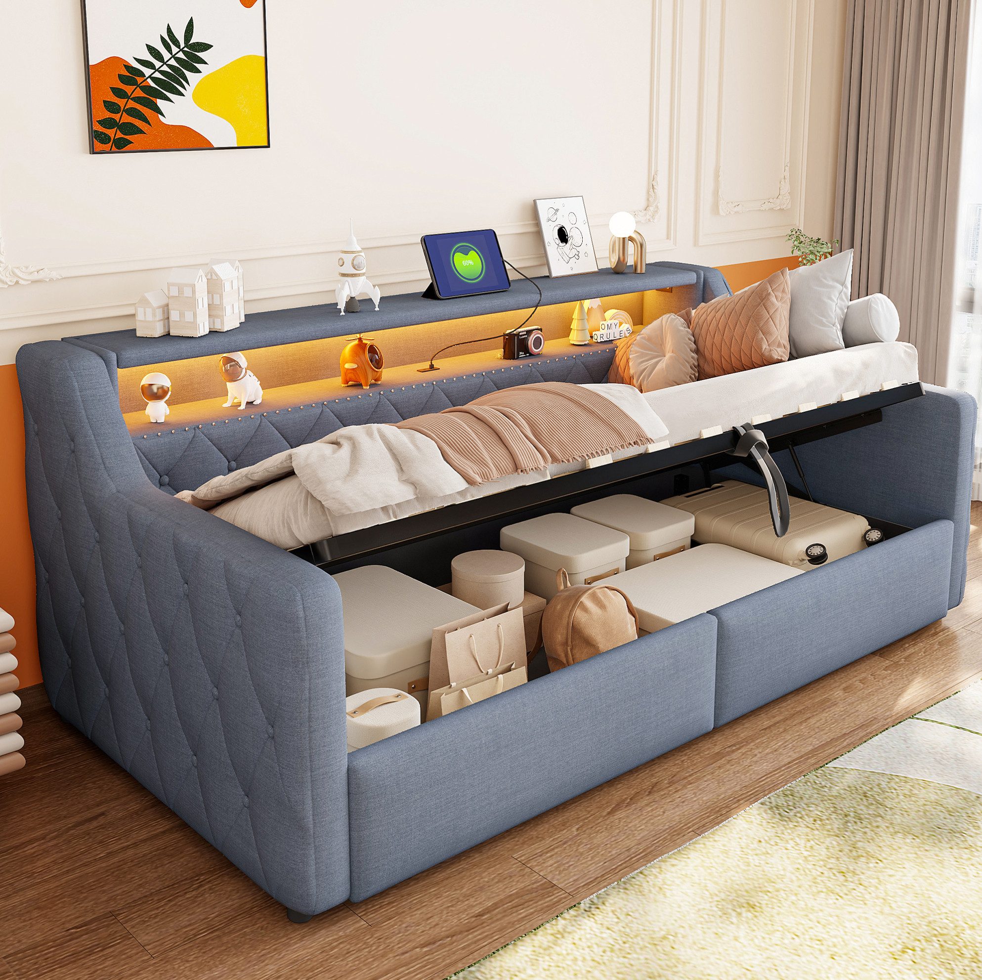 OKWISH Schlafsofa Polsterbett, mit LED-Lichtleiste, hydraulischem Stauraum, USB- und Typ-C-Anschlussen, 90x200 cm Funktionsbett aus Leinenstoff, Daybett Einzelbett, ohne Matratze