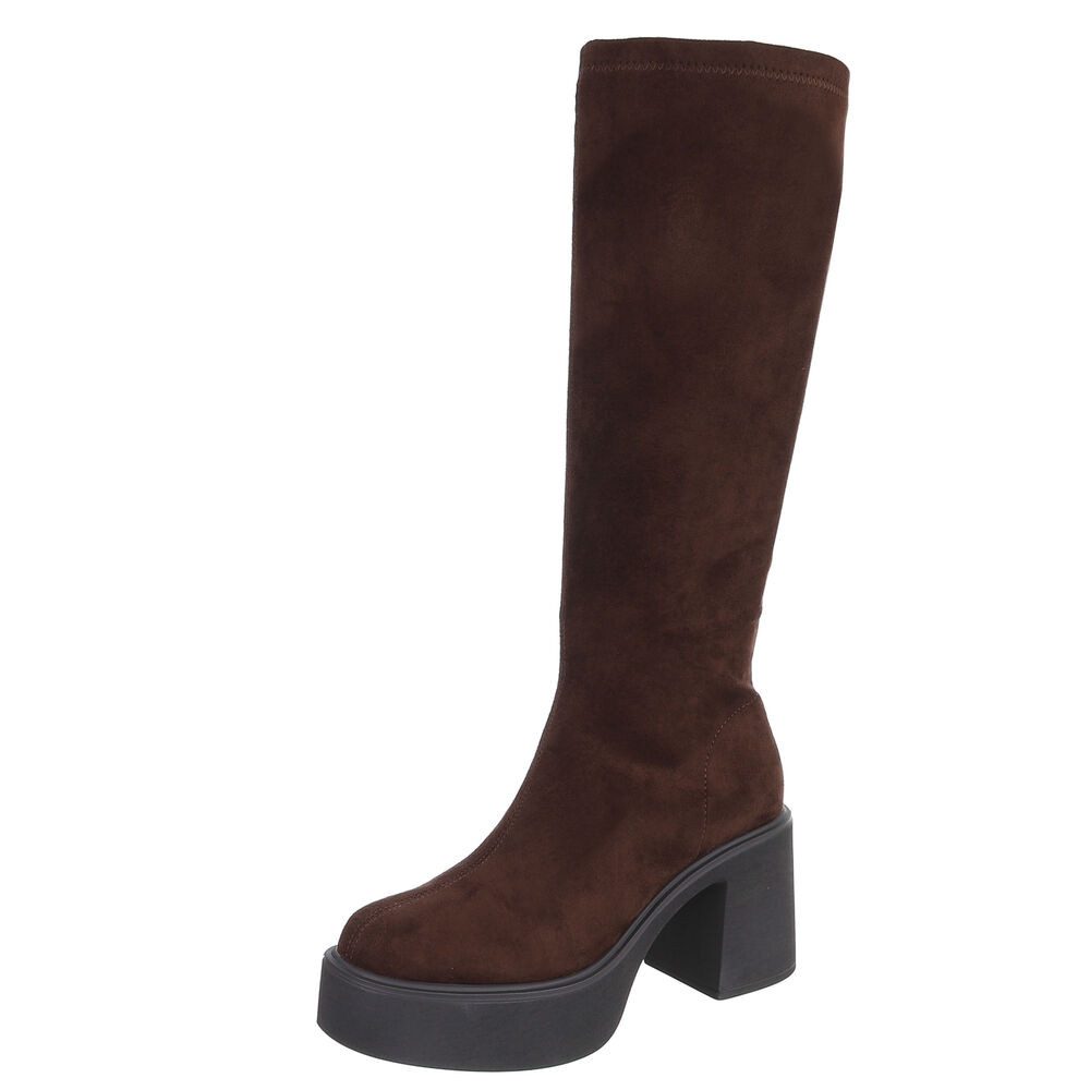 Ital-Design Damen Kniehohe Stiefel mit Blockabsatz und Plateau Plateaustiefel (92269135) Blockabsatz Stiefel in Braun