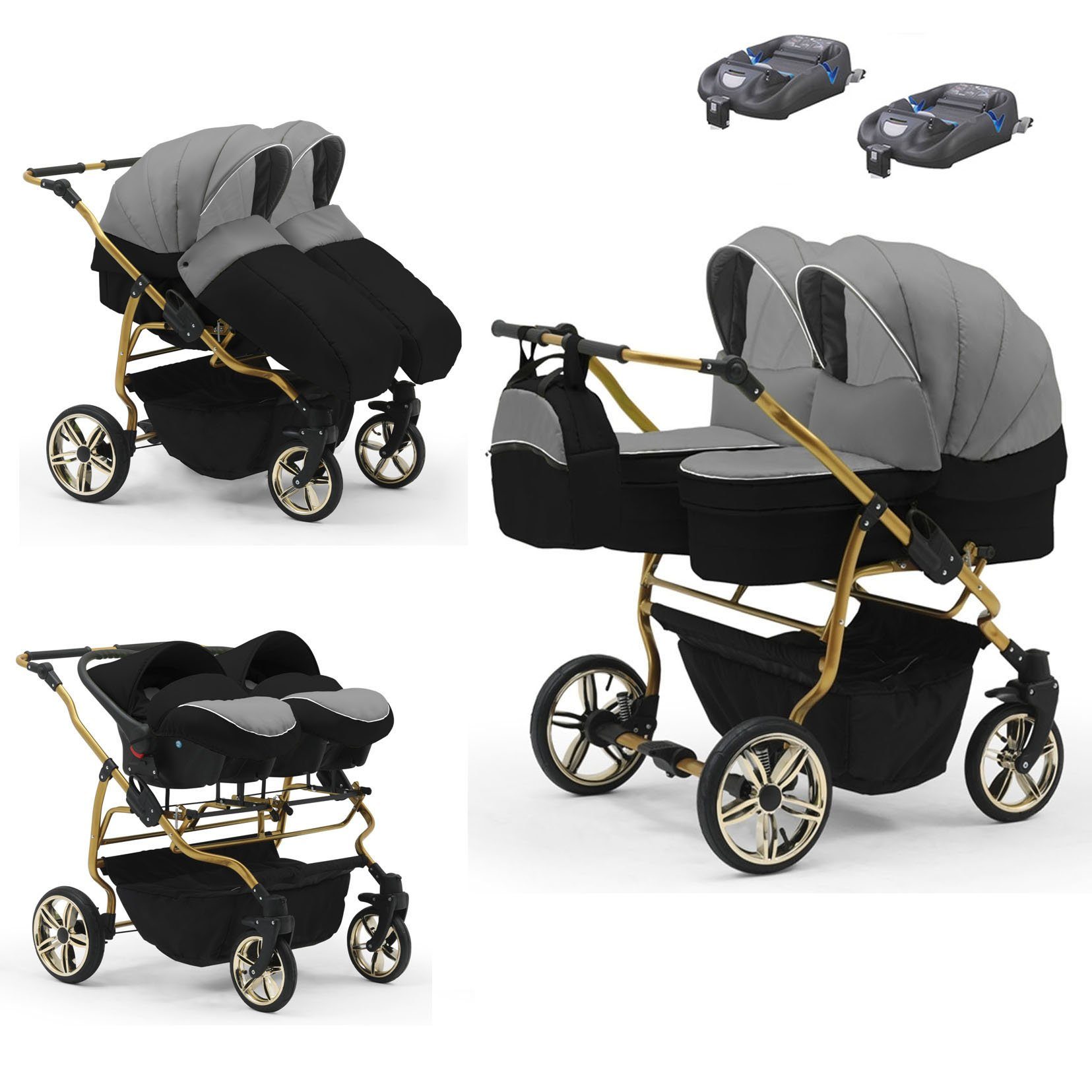 babies-on-wheels Zwillingswagen Zwillingswagen Duet Lux 15 - - 4 in Gold Farben Teile 33 Grau-Schwarz in 1