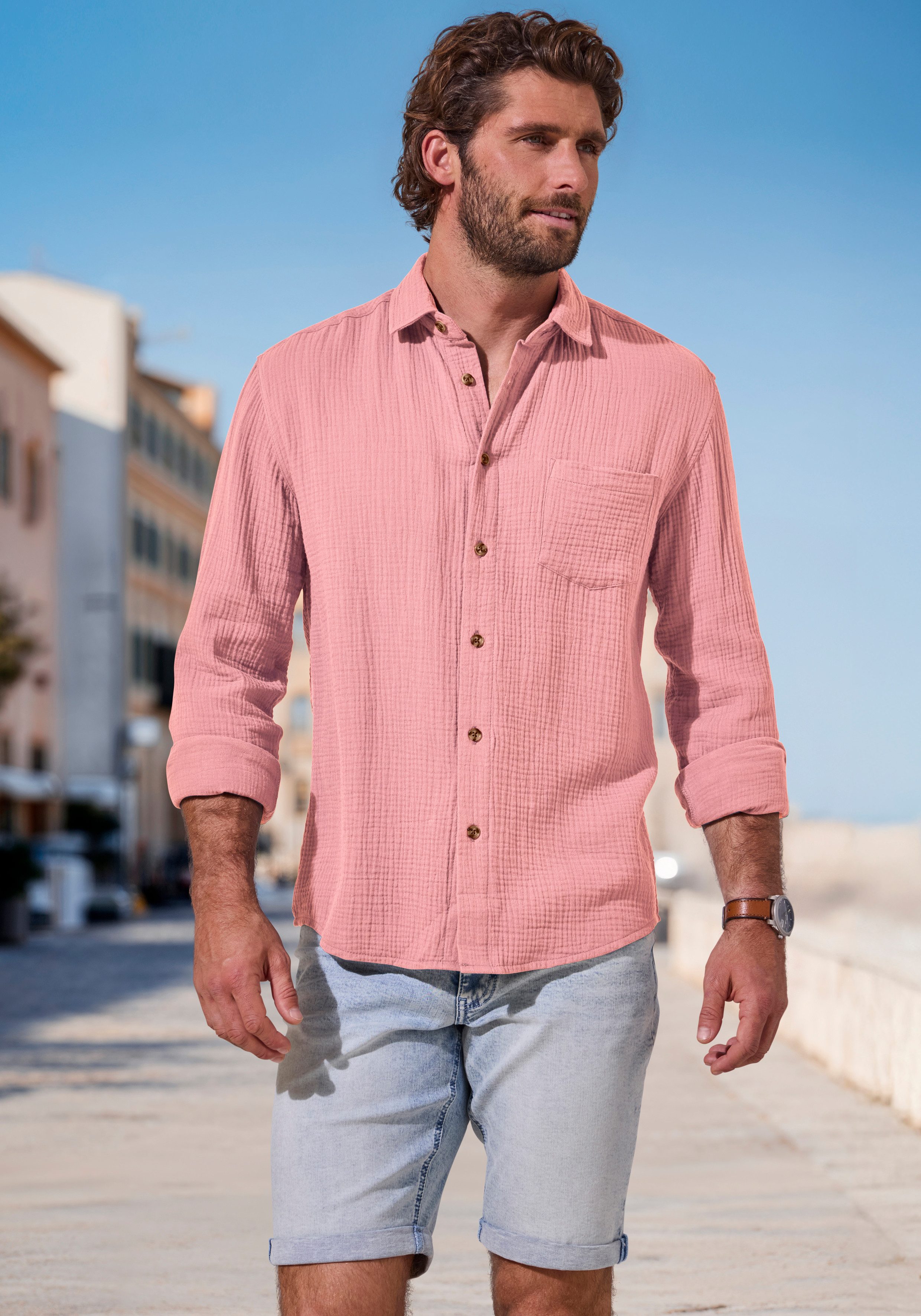 Beachtime Langarmhemd Regular fit Langarm, Freizeithemd aus Musselin-Ware