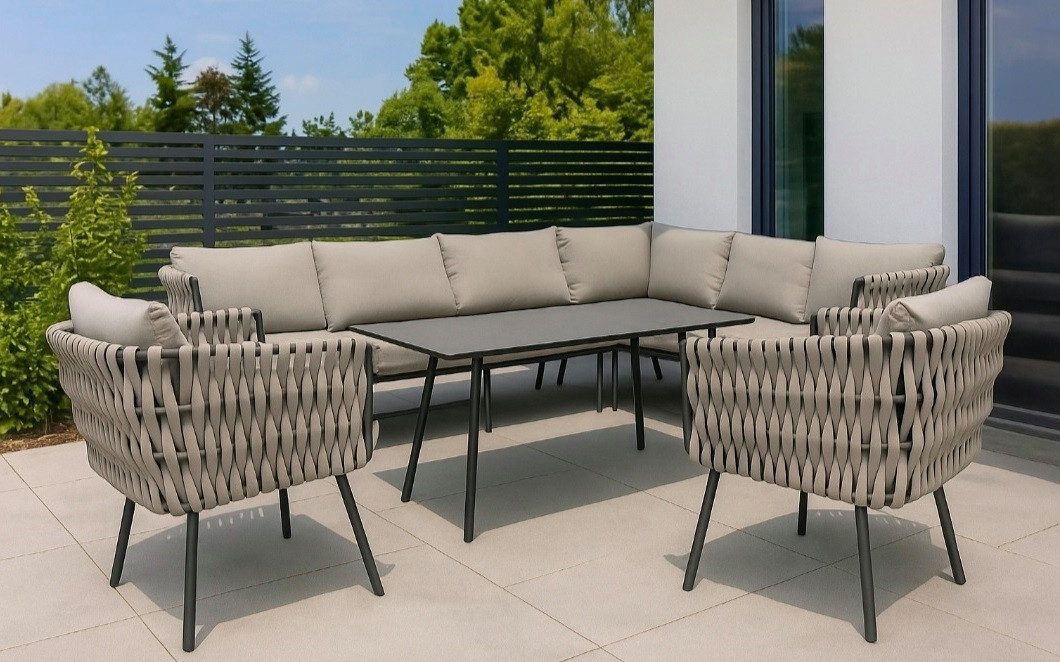 Gardissimo Gartenlounge-Set Abby rechts taupe Rope Dining Gartenmöbelset, (Set, 4-tlg., Alu, Ecklounge, Esstisch, 2 Sessel, inkl. Auflagen), wetterfest / Bezüge waschbar / Aluminium