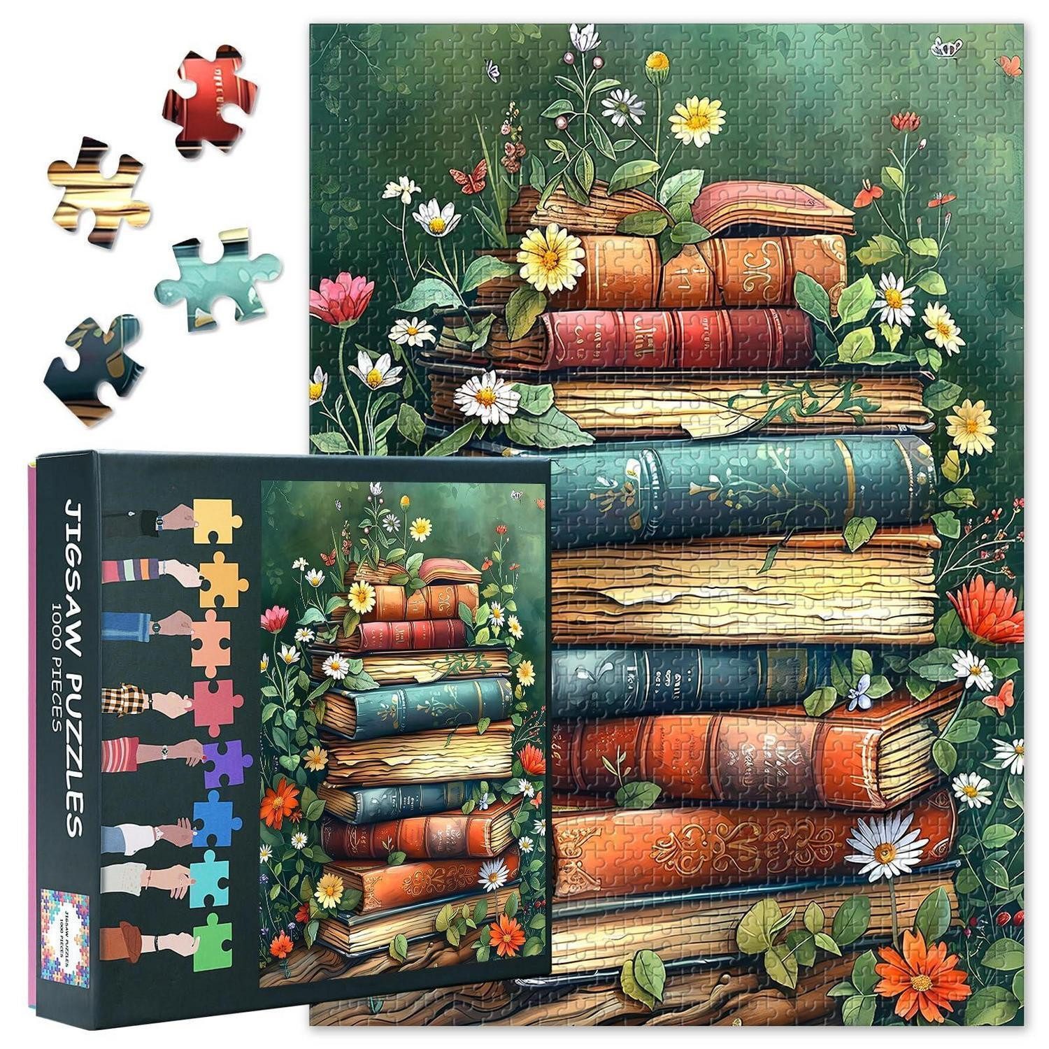 LuxusKollektion Puzzle Puzzle 1000 Teile Bücherstapel Wildblumen 50x70cm, Puzzleteile