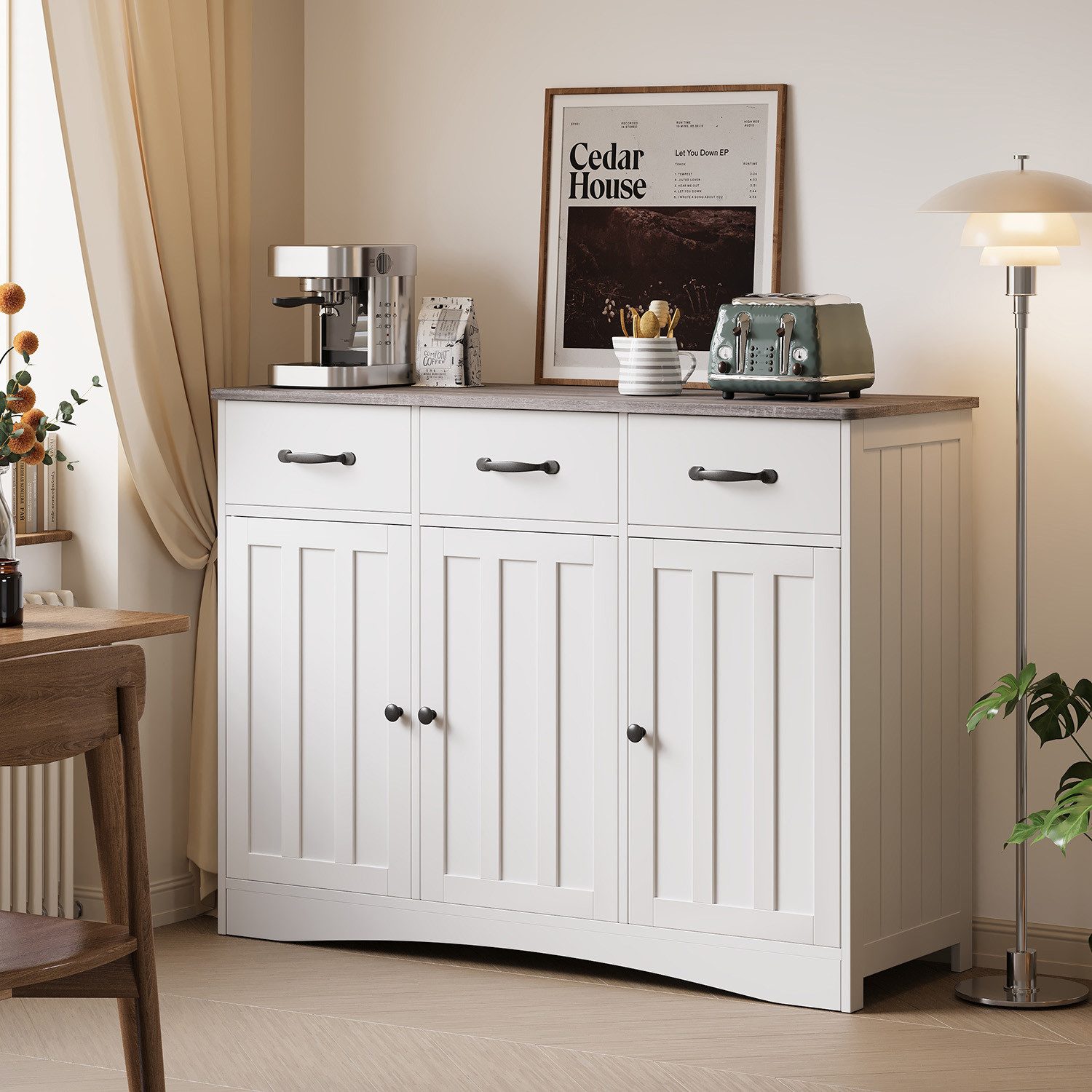 Bealife Sideboard Küchenschrank mit Arbeitsplatten,mit 2 Schubladen 2 Türen,Weiß