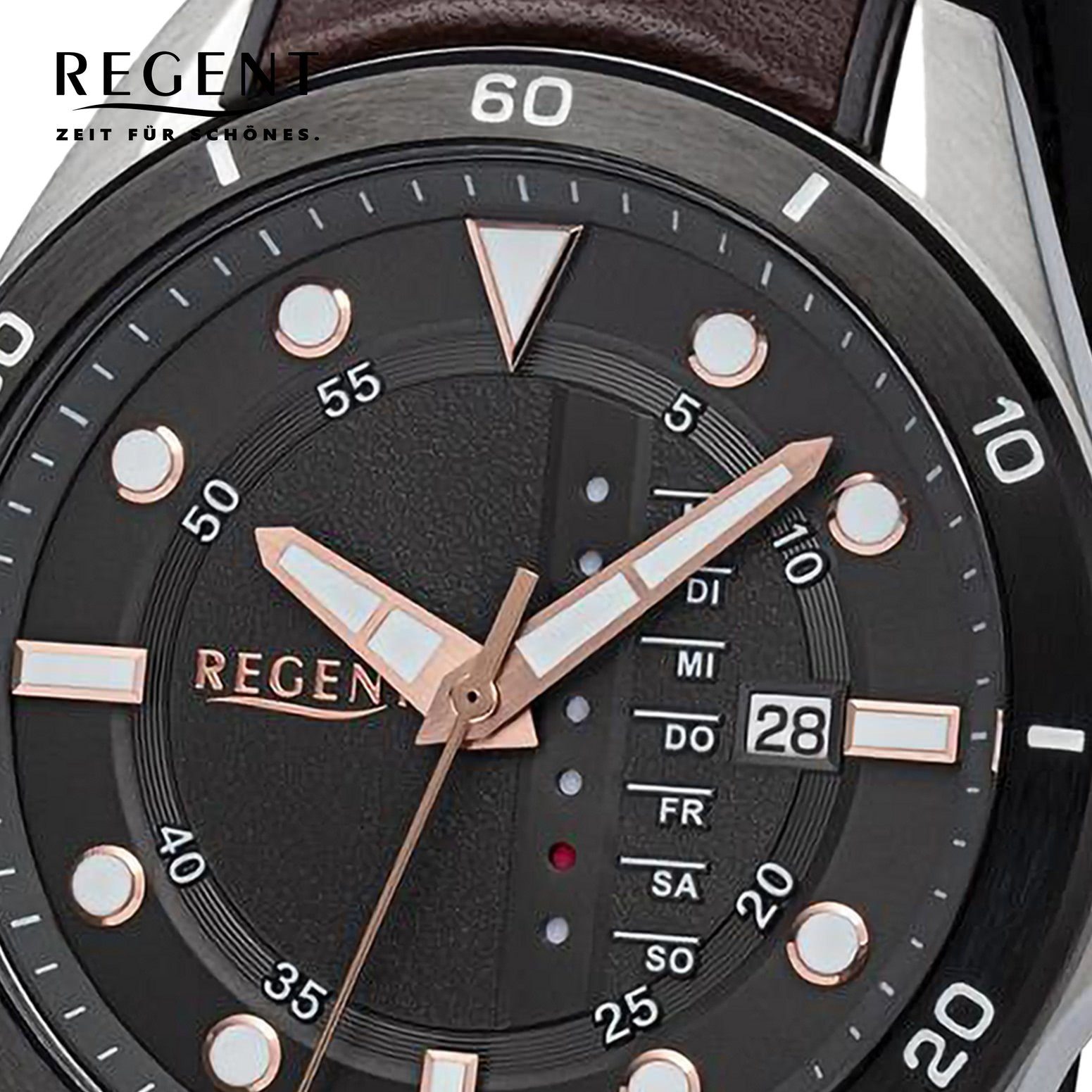 Regent Quarzuhr Regent Herren Armbanduhr Analog, Herren Armbanduhr rund,  extra groß (ca. 44mm), Lederarmband, Datum