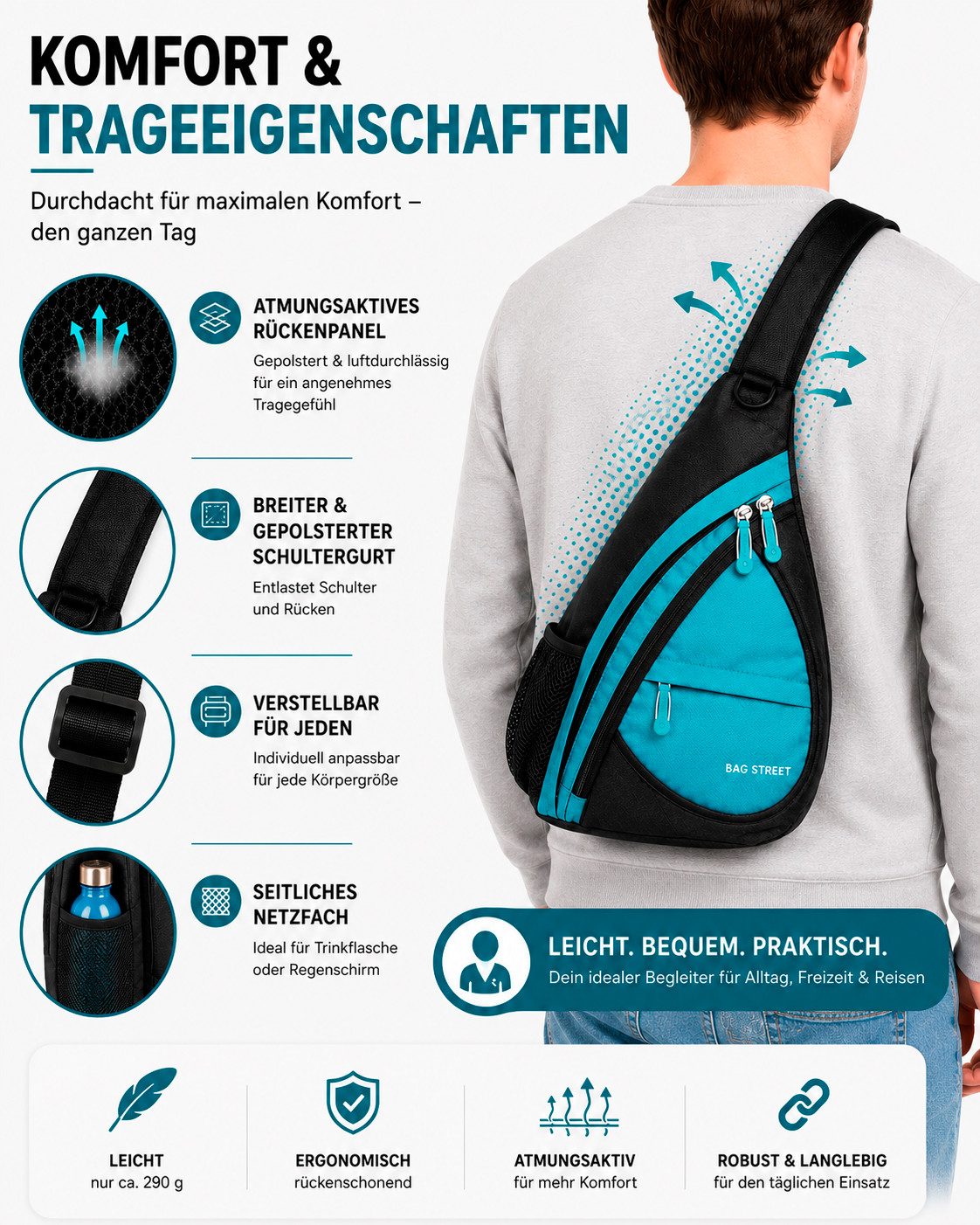 BAG STREET INTERNATIONAL Daypack Sling Bag Crossbody Schulterrucksack mit Sicherheitsfach Leicht Alltag