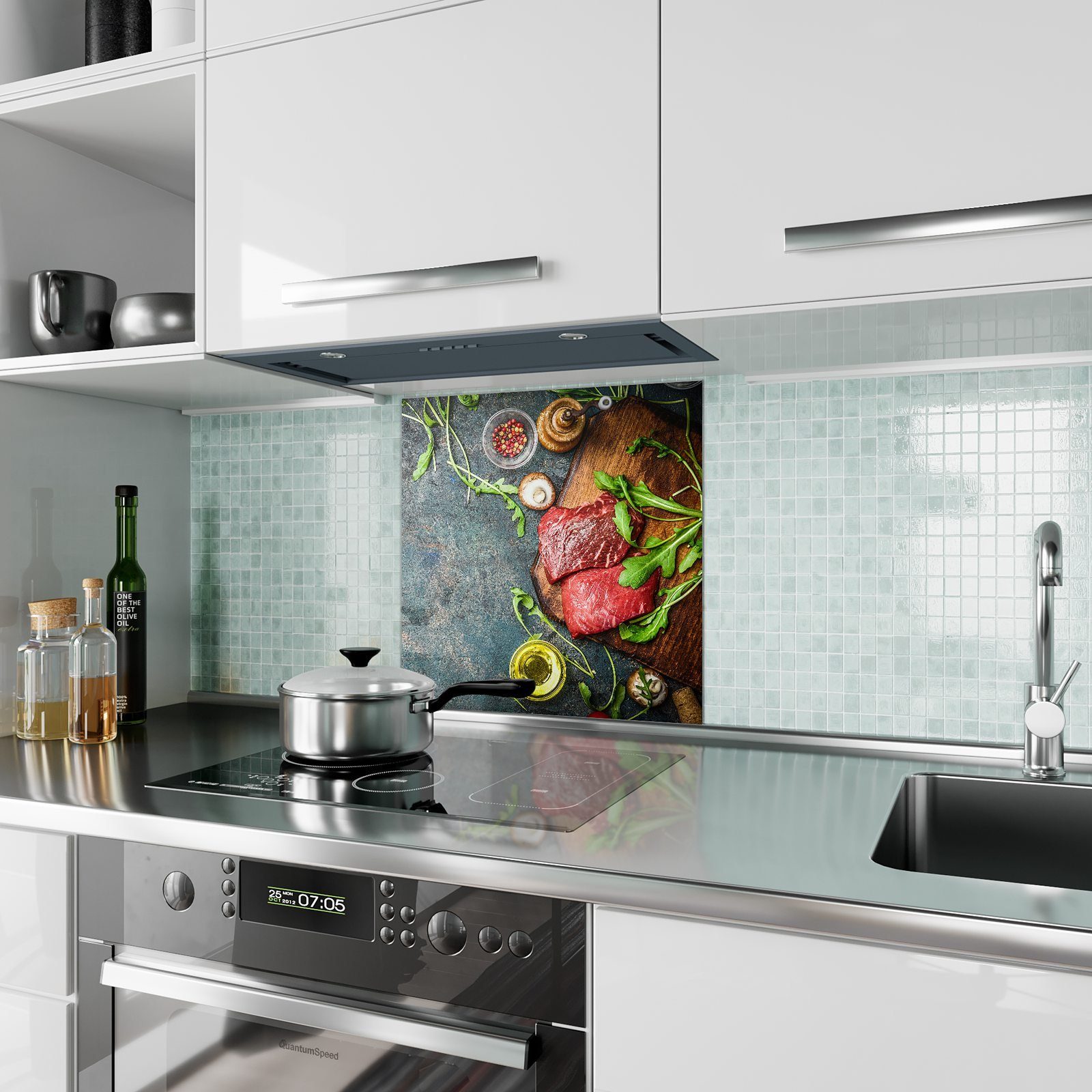 Primedeco Küchenrückwand Küchenrückwand Motiv mit Brett Filet Glas auf Spritzschutz