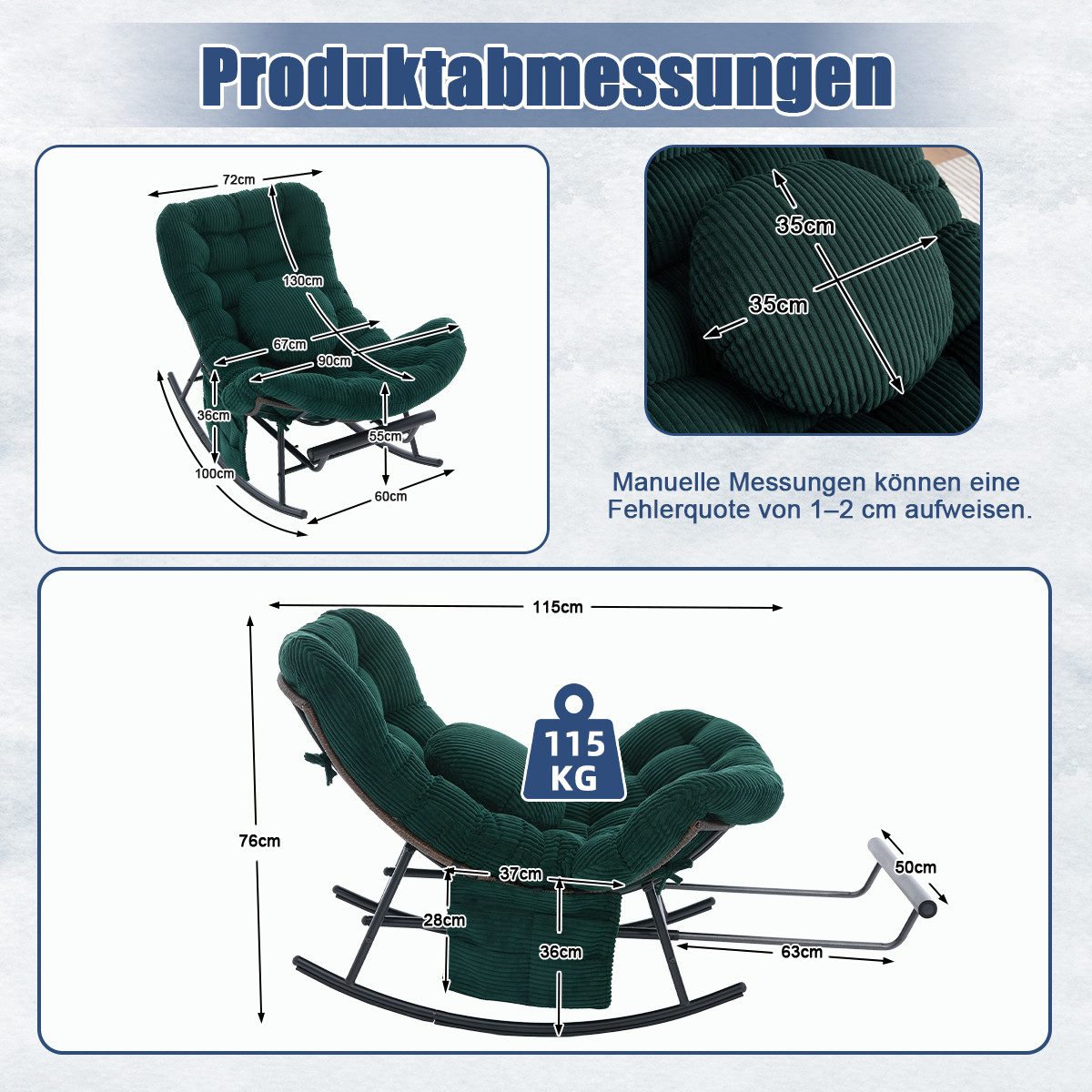 LVHOM Schaukelstuhl ausziehbarer Fußstütze, dick gepolstert, Metallgestell, In-/Outdoor (zusätzliches Zierkissen, Seitentaschen, ergonomisches Design, Sitzmöbel/Liegeschaukel/Relaxsessel/Wohnaccessoire, 120kg Tragfähigkeit), Ideal für Wohnzimmer, Schlafzimmer, Spielzimmer, Arbeitszimmer, Garten