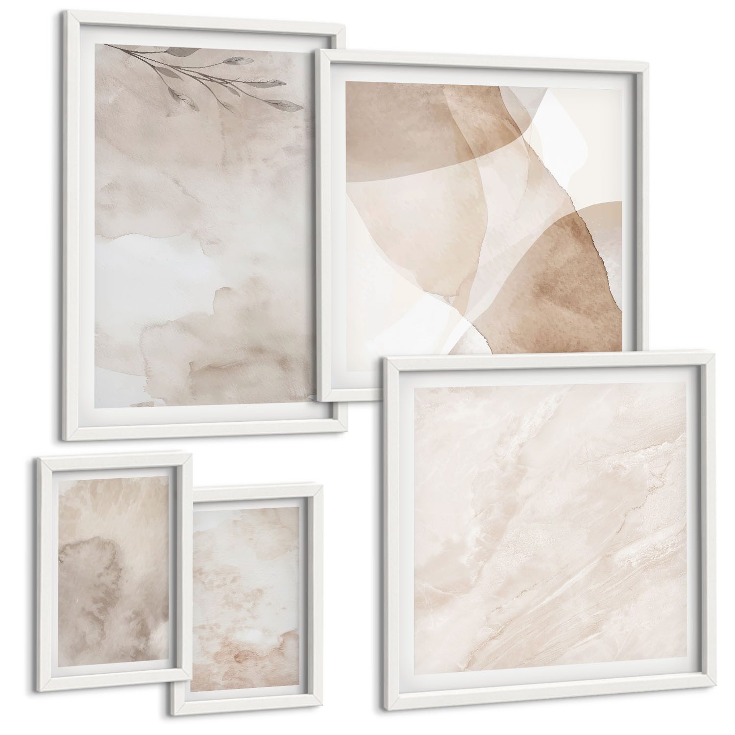 Tulup Mehrteilige Bilder 5er-Set Bilder mit Aquarelltexturen im Boho-Stil, Boho-Textur-Aquarellfarben, Beige