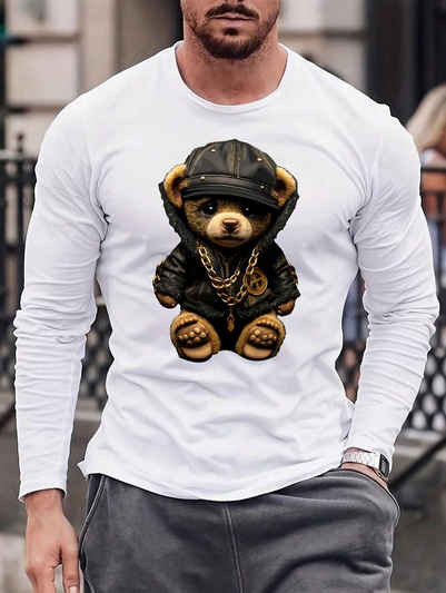 RMK Langarmshirt Herren Longsleeve Rundhals Basic Teddybär Bär aus Baumwolle, mit lizenziertem Print