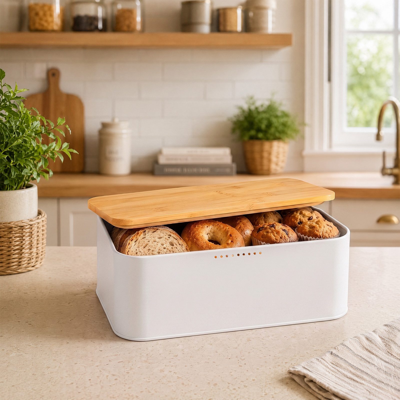 Youyijia Brotkasten Brotkasten mit Bambusdeckel 30x18,5cm Schneidebrett Weiß – Bild 2 von 5