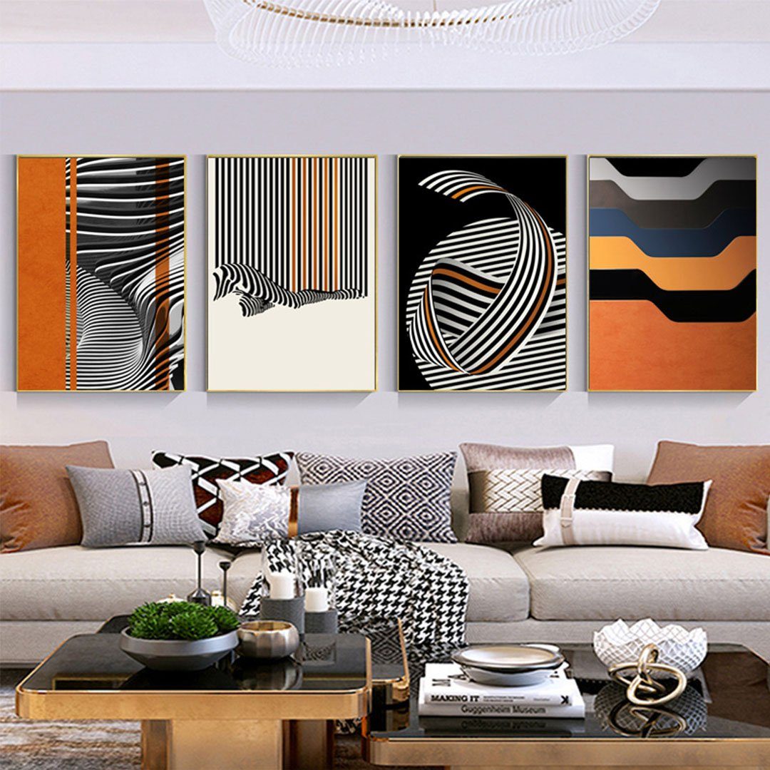 Malereikern einfacher Strukturierter dekorativer St), (4 UG L.Ru Kunstdruck Charakterlinien-Orange-Farbblock-Malkern, Moderner Wohnzimmereingang, abstrakter