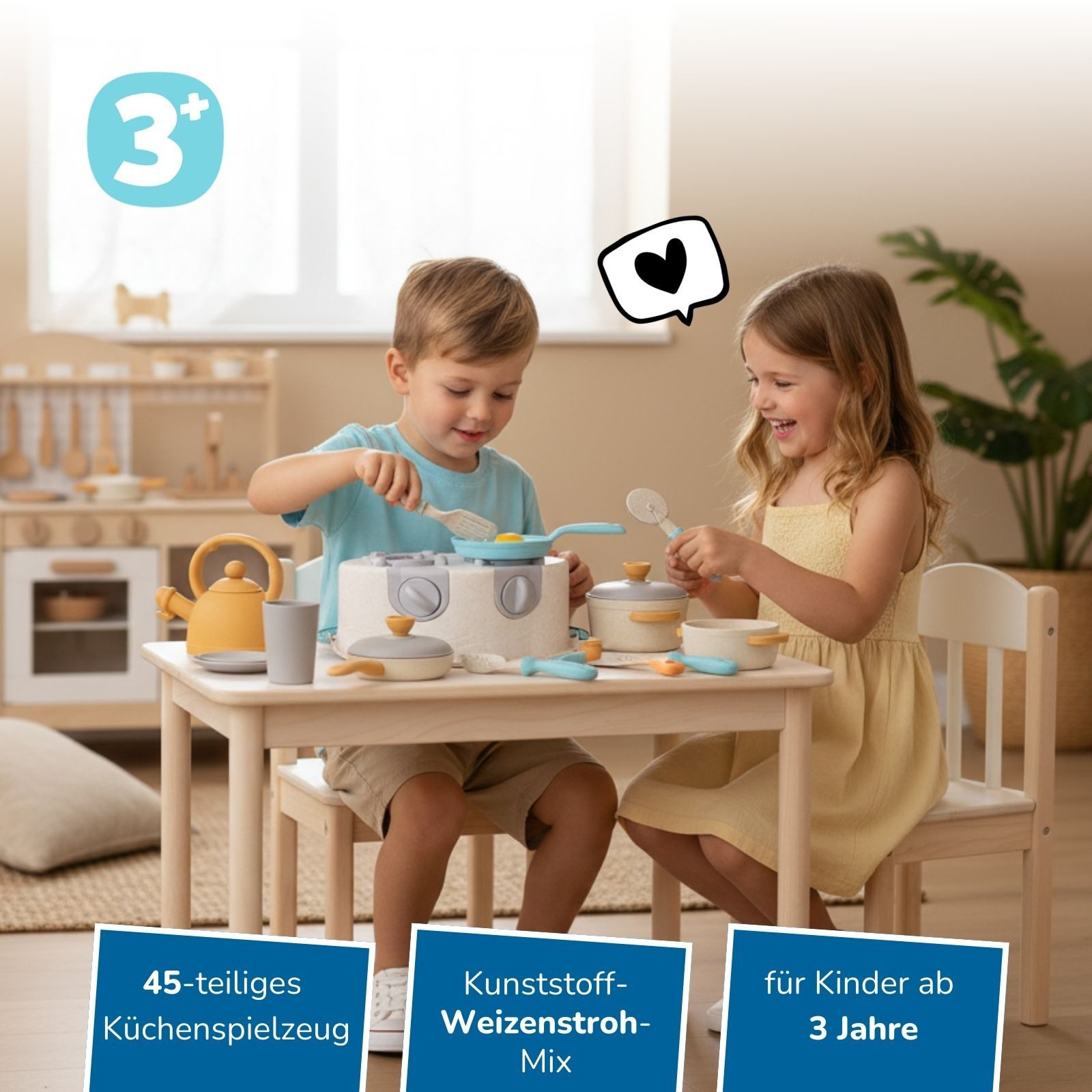 alldoro Kinder-Küchenset XXL Kinderküchen-Spielzeug Set 45-teilig, für Kinder ab 3 Jahren, mit Spielherd, Töpfen, Pfannen, Geschirr, Besteck, Messerblock