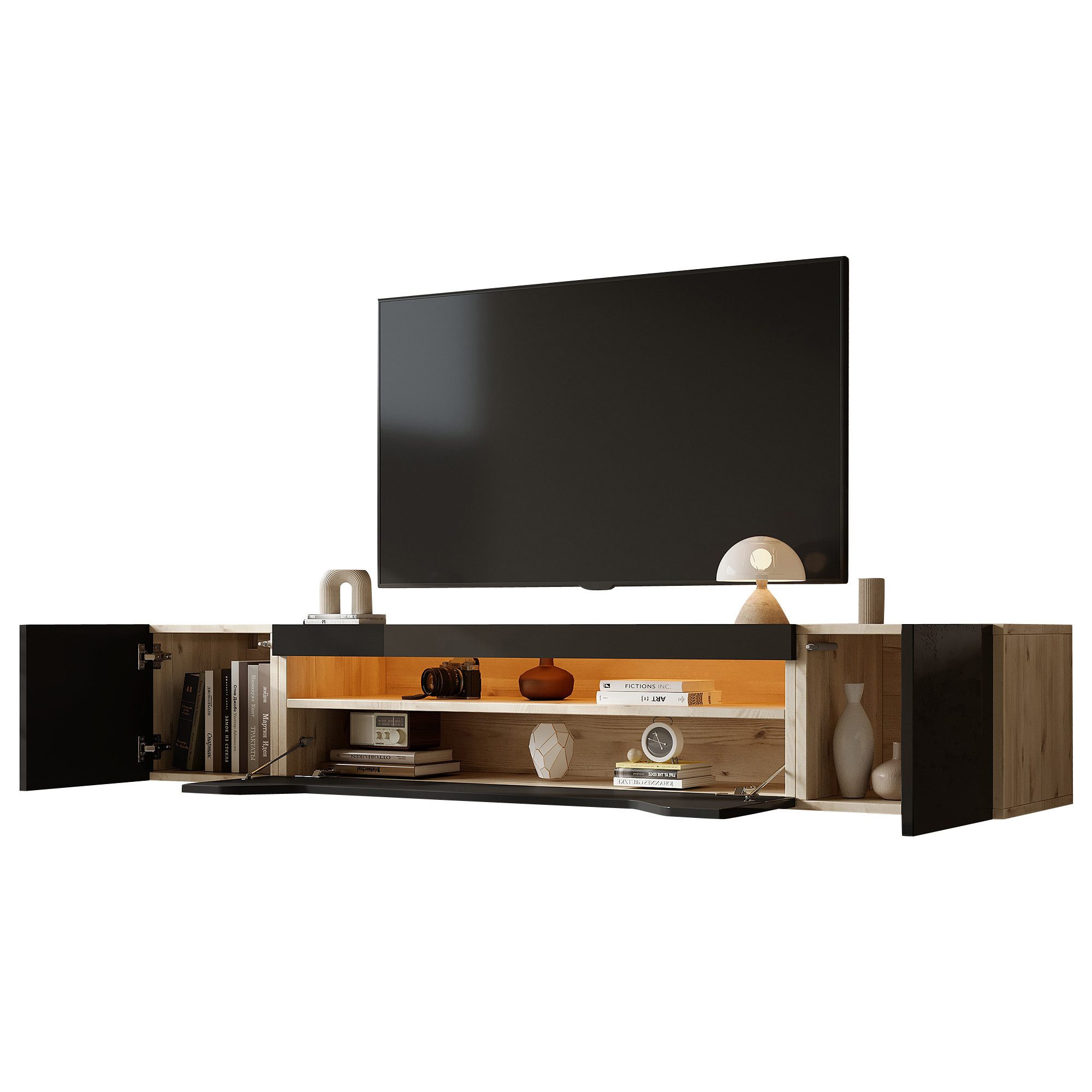 MODFU Lowboard Wandmontierter TV-Schrank für 75-Zoll-Fernseher (TV-Board, Wohnzimmermöbel, 1 St., mit LED-Licht, Hochglanz), Passend für 75-Zoll-Fernseher
