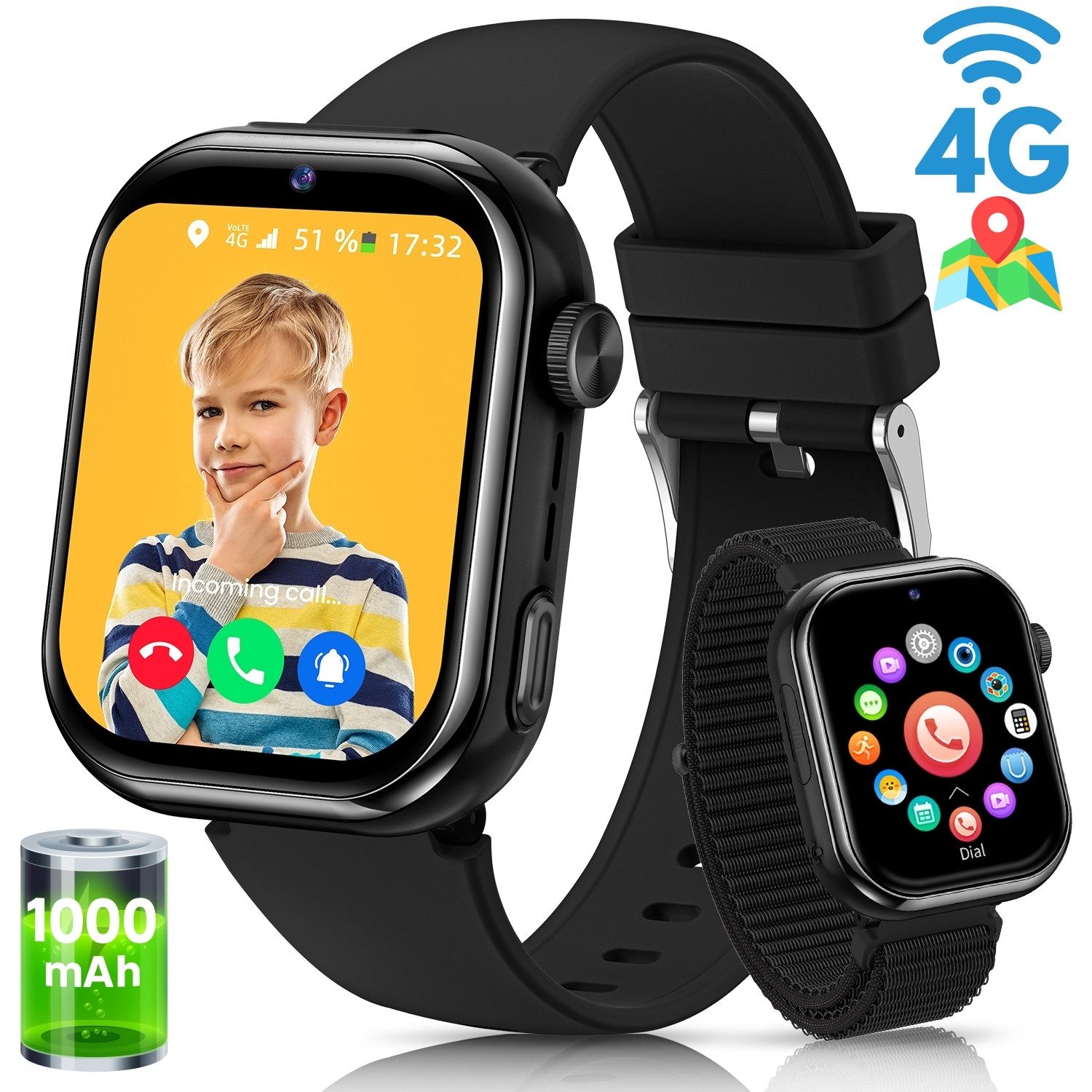 SWGOTA 4G Kinder Smartwatch 1000mAh mit GPS & Telefonfunktion Smartwatch (1,43 Zoll), Smartwatch für Kinder, für 4–12 Jungen und Mädchen,für Android und IOS