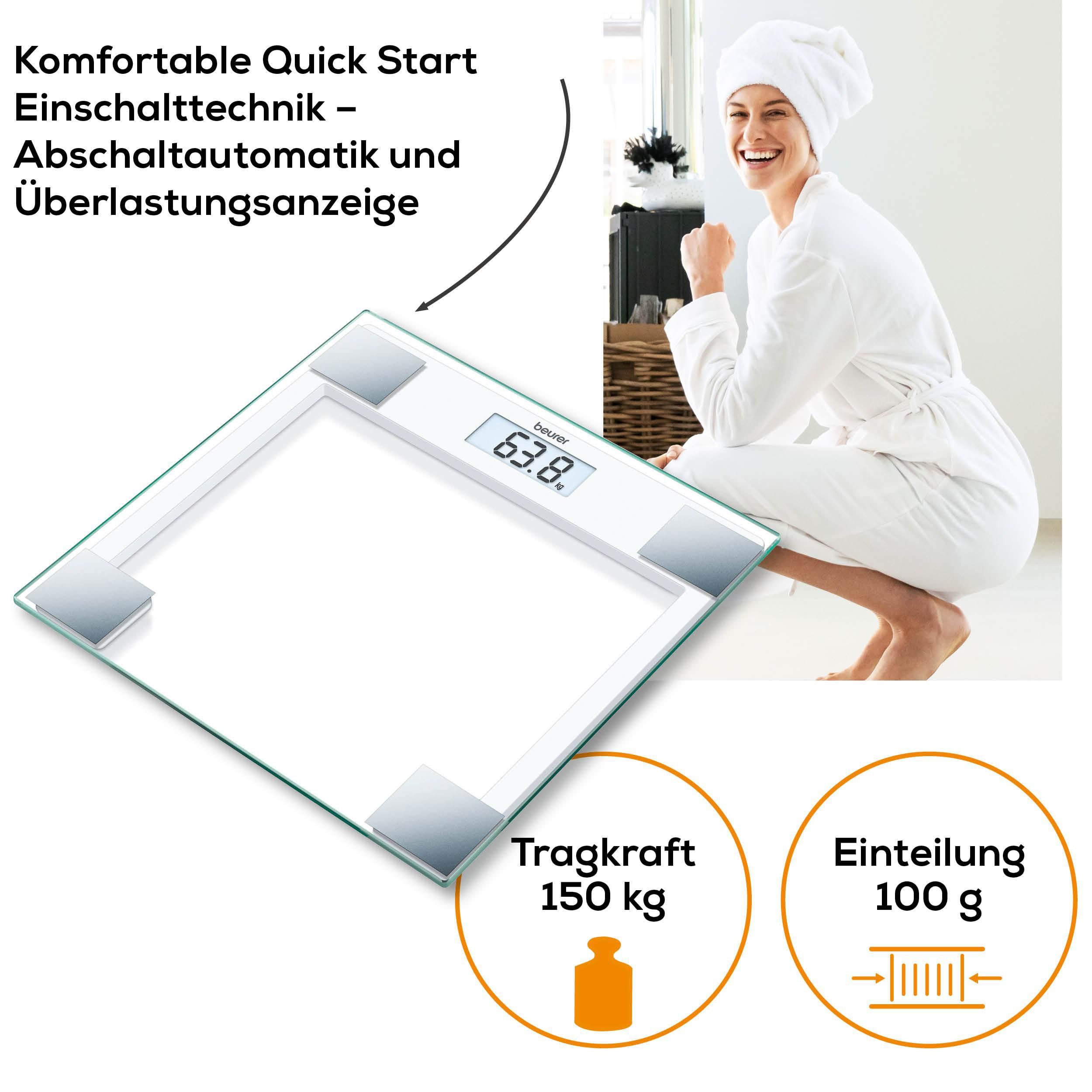 BEURER Personenwaage GS 14 mit Wiegefläche aus extra klarem Sicherheitsglas, Flache Bauhöhe, Tragkraft bis 150 kg, Überlastungsanzeige – Bild 5 von 5