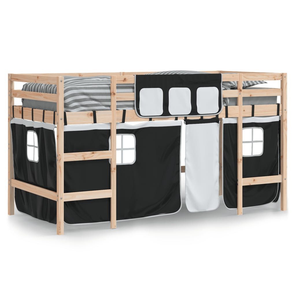 vidaXL Bett Kinderhochbett mit Vorhängen Weiß Schwarz 90x190 cm Kiefernholz