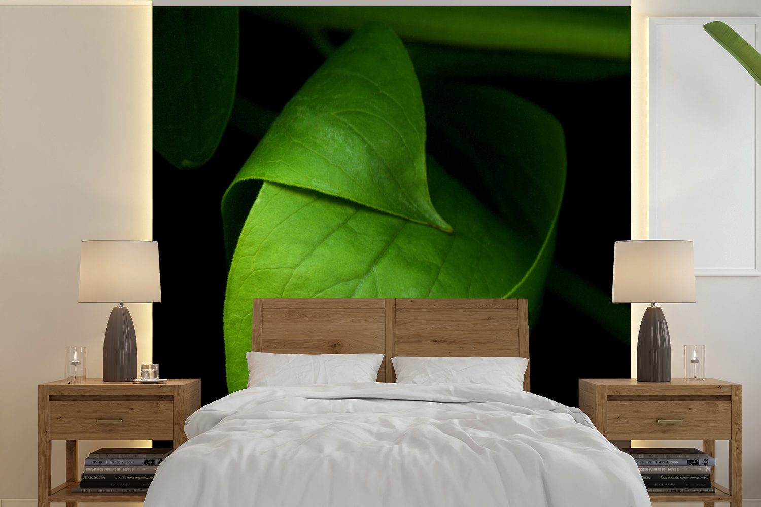 MuchoWow Fototapete Matt, Details Die schwarzem eines Hintergrund, Wohnzimmer Blattes oder Schlafzimmer, vor für Tapete bedruckt, (5 St), Wandtapete Vinyl grünen