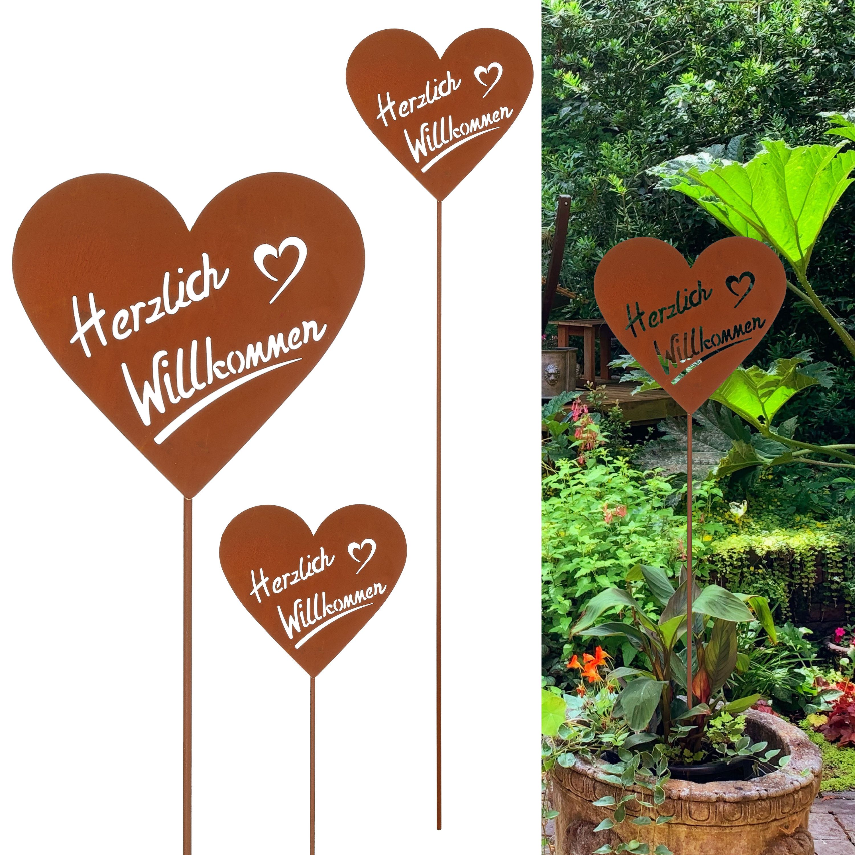 CEPEWA Gartenstecker Gartenstecker 'Herzlich Willkommen' 3er Set Rostoptik günstig online kaufen