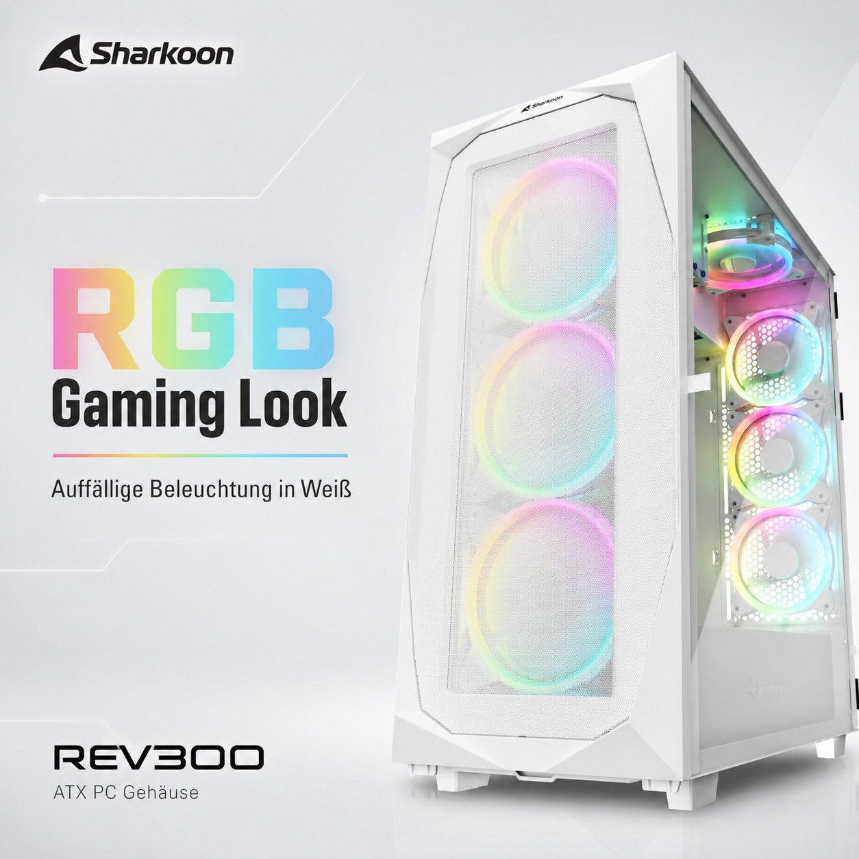 Sharkoon PC-Gehäuse REV300 RGB ATX Gaming PC Gehäuse Computer Tower Computergehäuse, RGB Gaming Gehäuse Computergehäuse Micro PC Computer Gaming Tower