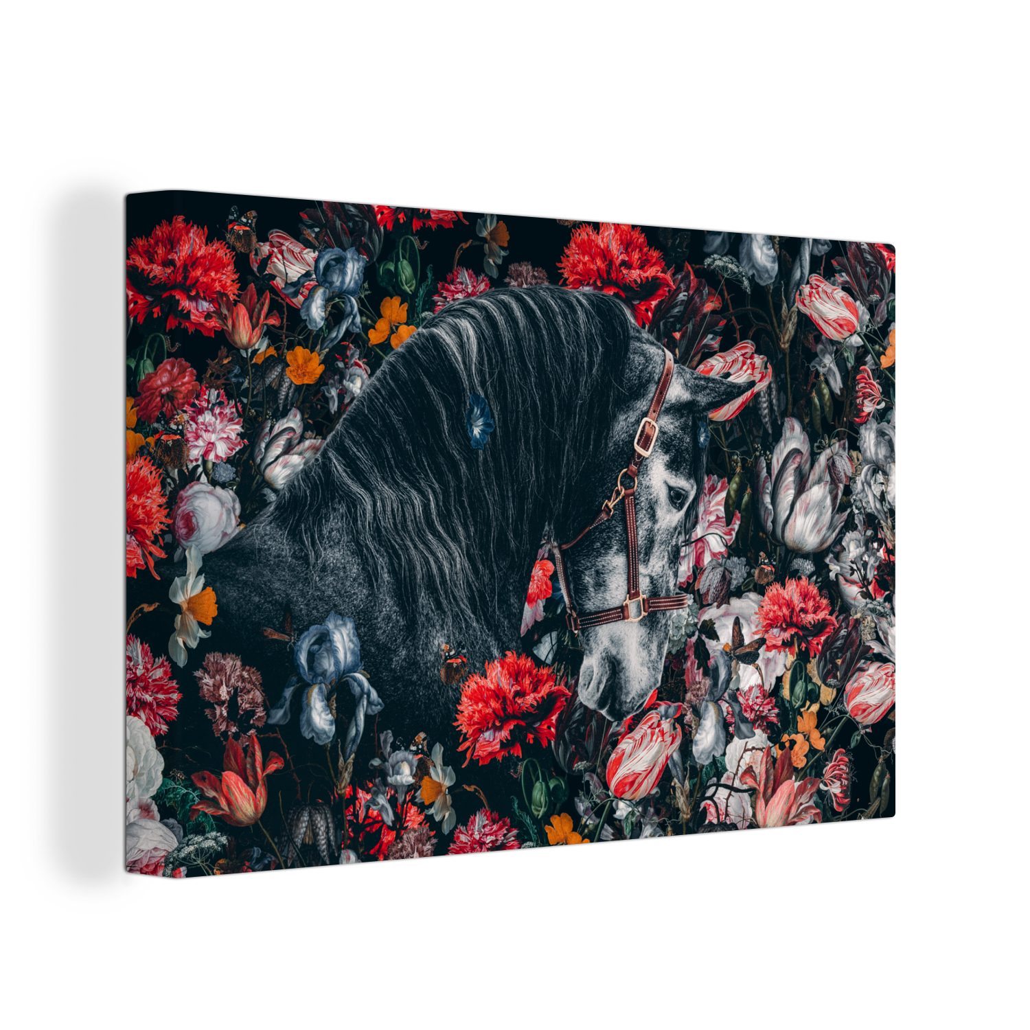 OneMillionCanvasses® Leinwandbild Pferd - Blumen - Schwarz, (1 St), Wandbild Leinwandbilder, Aufhängefertig, Wanddeko, 30x20 cm | Leinwandbilder