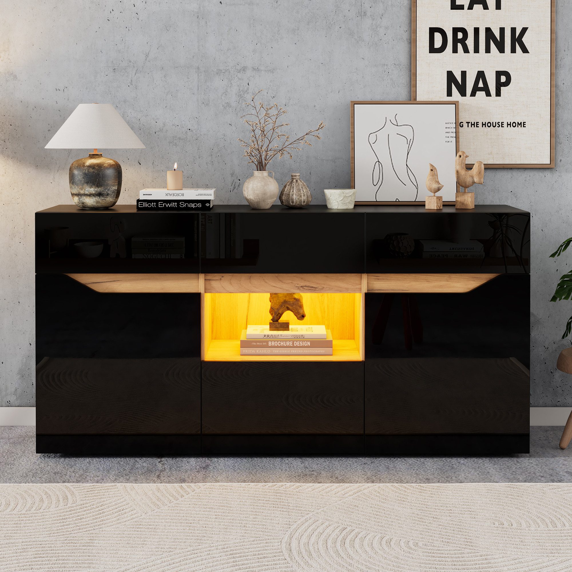 STILVORA Sideboard mit Schubladen Aufbewahrungsschrank mit zwei Fächern breite grifflose (Wohnzimmeranricht mit Vielfältige Aufbewahrung, 1 St., Hochglanz-Sofa-Schrank mit LED-Beleuchtung), vielseitig einsetzbar, Schwarz+Holzfarbe