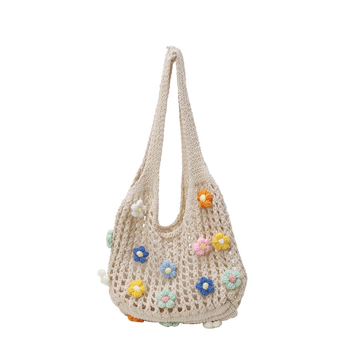 nsihing Schultertasche Damen gehäkelte gewebte Schultertasche mit 3D-bunten Blumen
