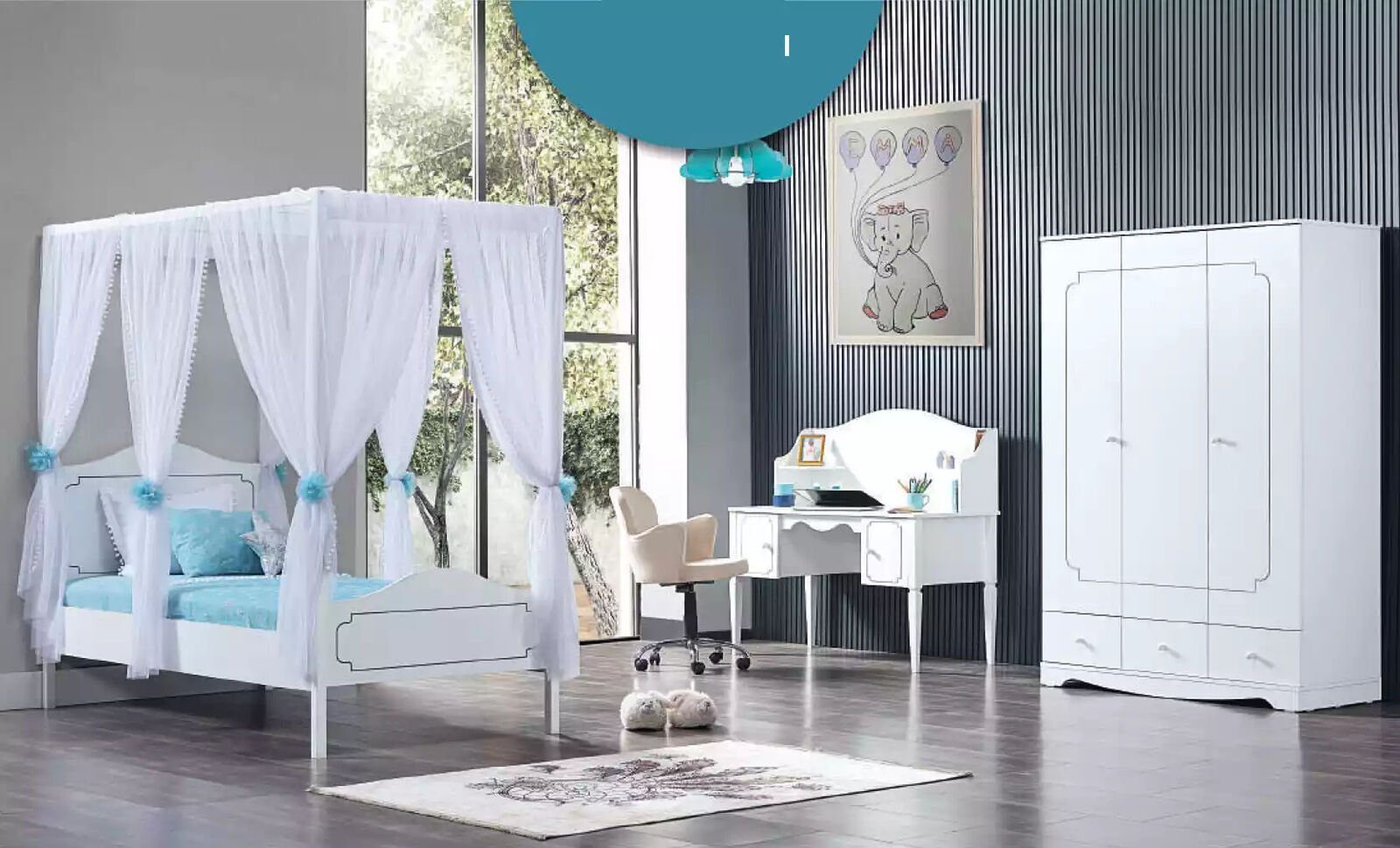 JVmoebel Himmelbett Weißes Holz-Bett für Kinderzimmer mit liebevollen Details, Made in Europa