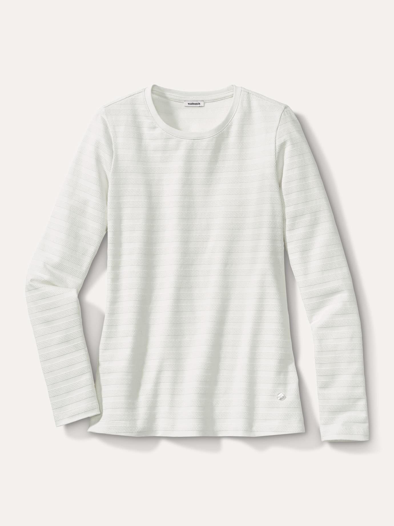 Walbusch T-Shirt Damen Baumwollshirt Reliefstruktur Rundhals Langarm Pflegeleicht und elastisch, Offwhite, dezente Streifenoptik