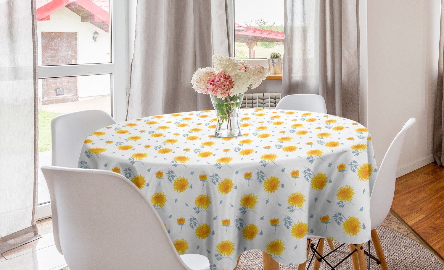 Abakuhaus Tischdecke Kreis Tischdecke Abdeckung für Esszimmer Küche Dekoration, Gelbe Blume Herbst-Röschen