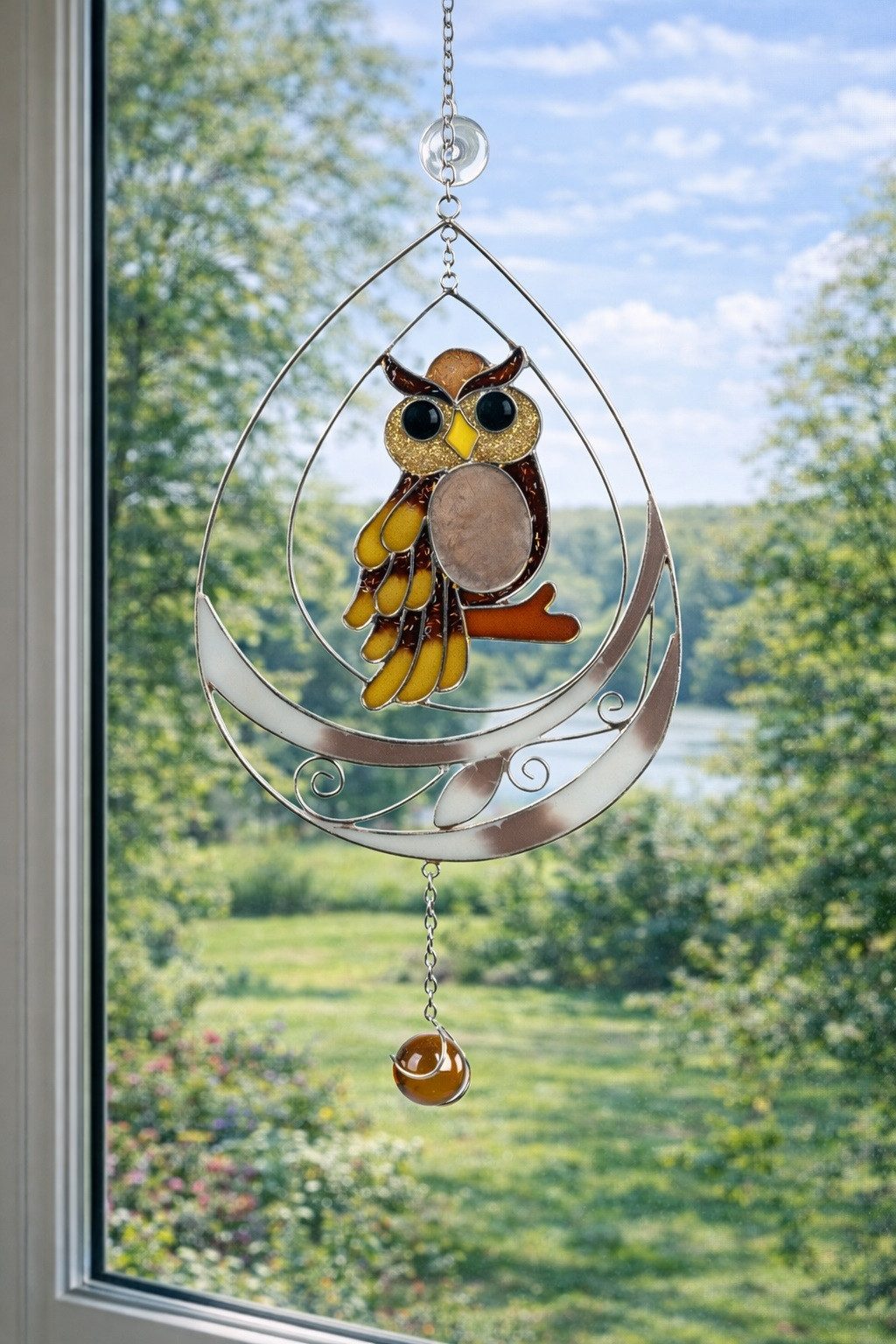 formano Dekohänger Deko Hänger Eule aus silber Metall und farbigem Acryl mit Glaskugel, Hängedeko