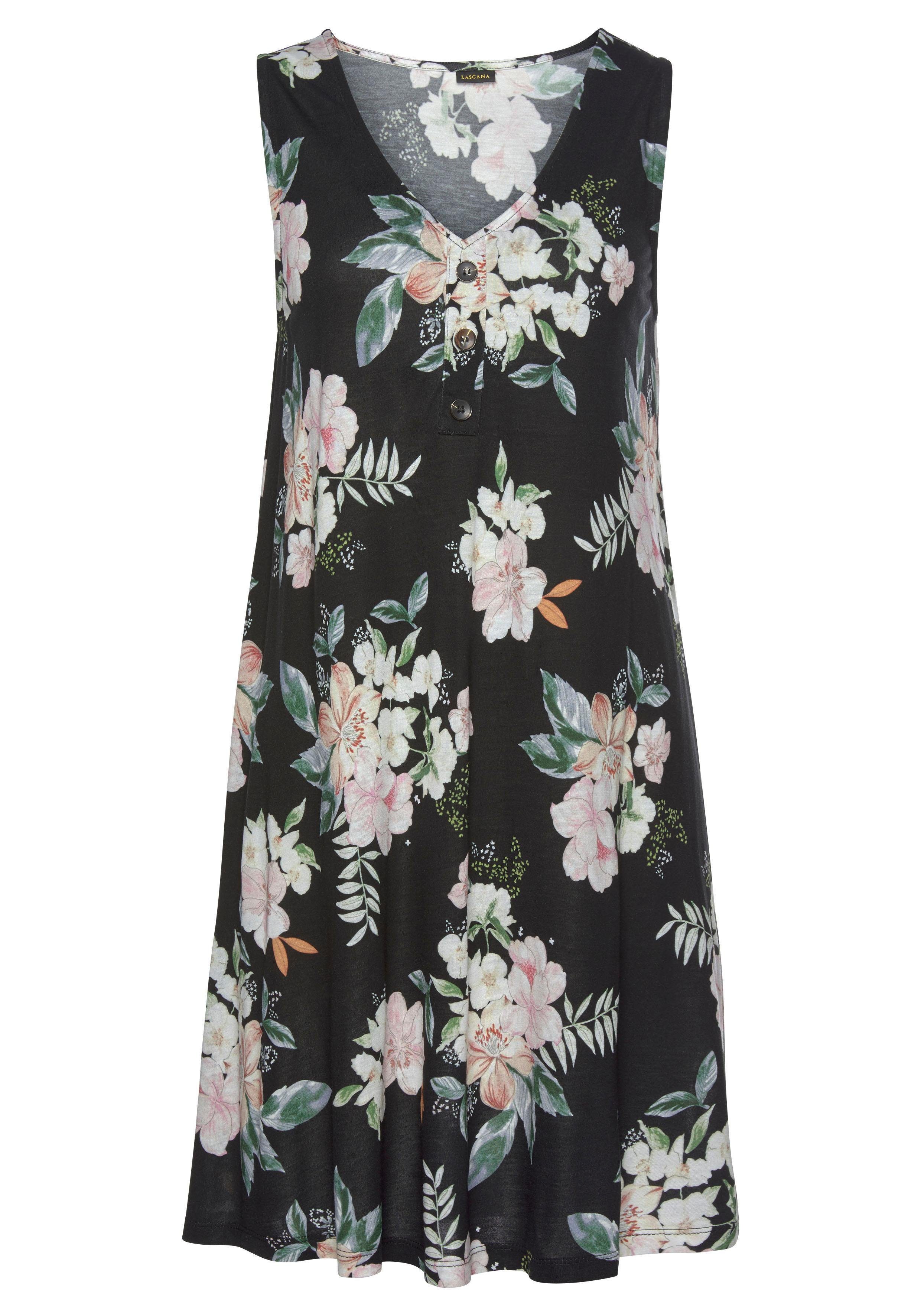 LASCANA Strandkleid mit Zierknöpfen am Ausschnitt und Blumendruck, Jerseykleid Hängerchenkleid, A-Linien-Kleid, kurzes Sommerkleid, Minikleid – Bild 2 von 5