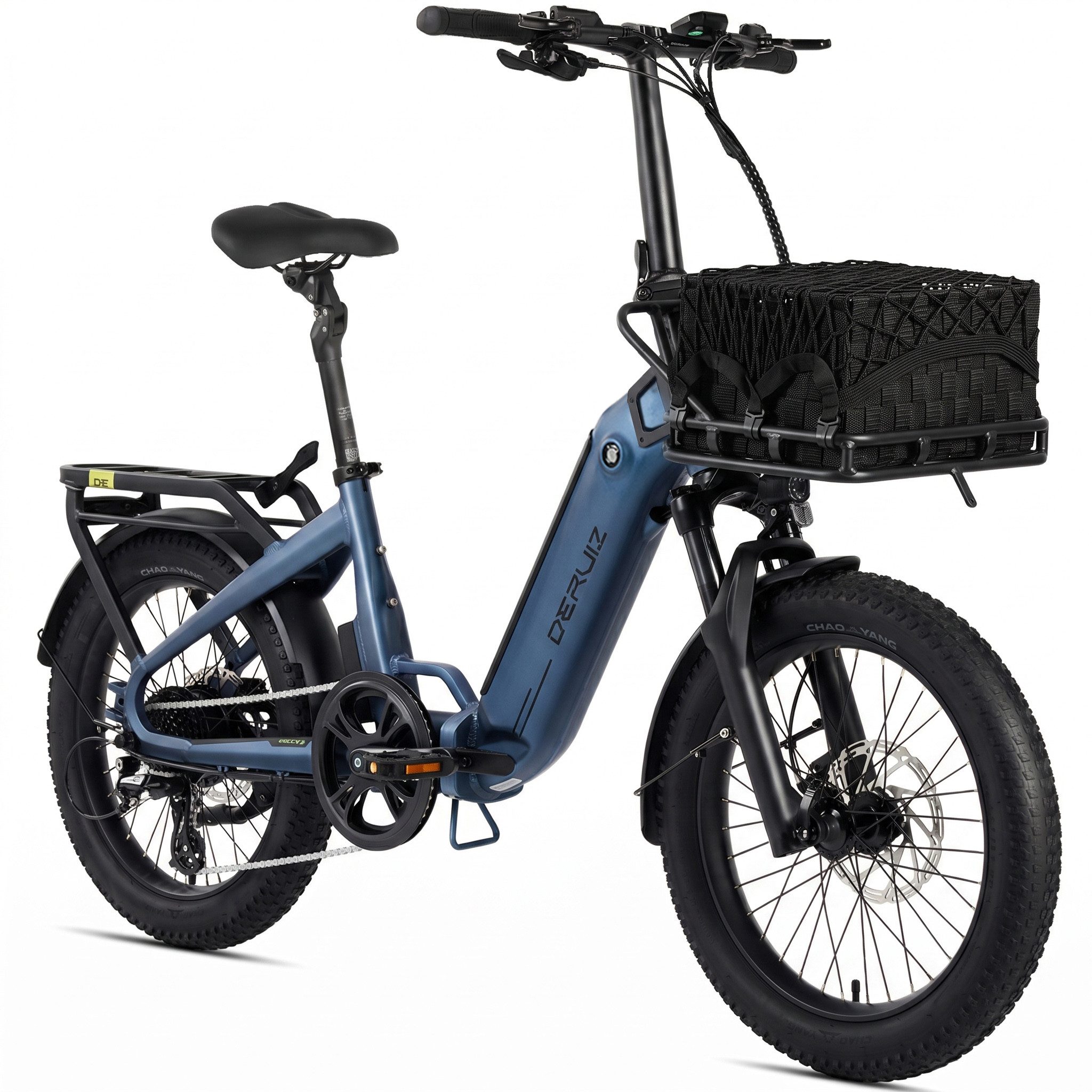 DERUIZ E-Bike Klapprad 20x3,0 Zoll, max. 140km, Federsattelstütze, mit Bluetooth, 5 Stufen, 8 Gang SHIMANO SHIMANO ALTUS 11-32T Schaltwerk, Kettenschaltung, Heckmotor, 500 Wh, (mit Akku-Ladegerät, mit Werkzeug), RH:36cm, Bremslicht, Gepäckträger (max.50kg), hydraulische Bremsen