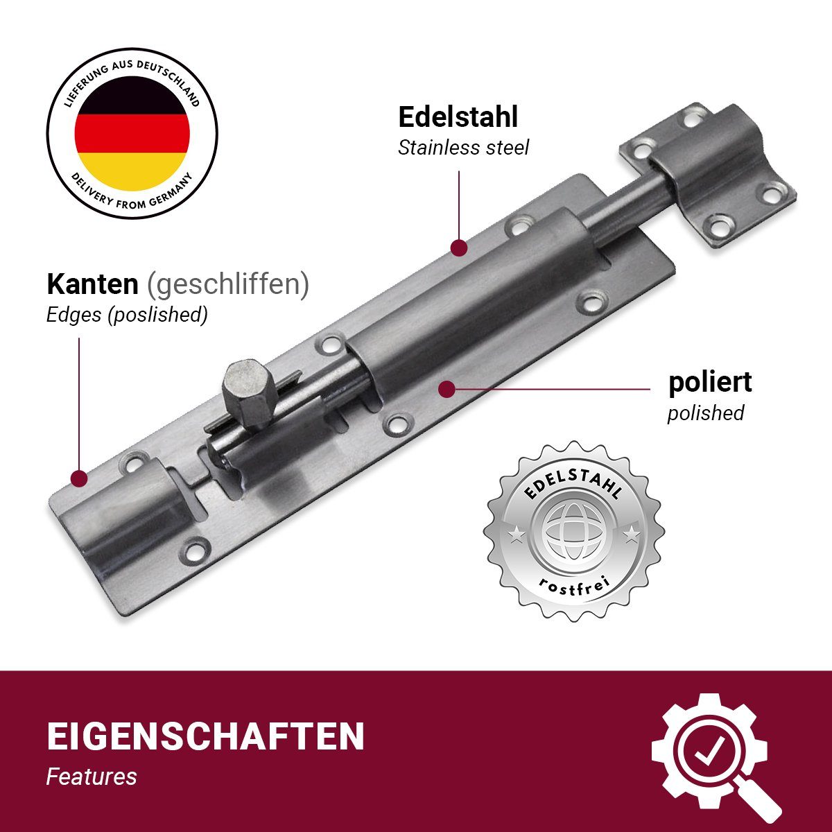 HOOZ Türriegel aus Edelstahl, Riegelschloss für Sicherheit an Türen und Tore, Din Rechts und Din Links, (Set, Türsicherheitskette), mit bequemen Schiebemechanismus