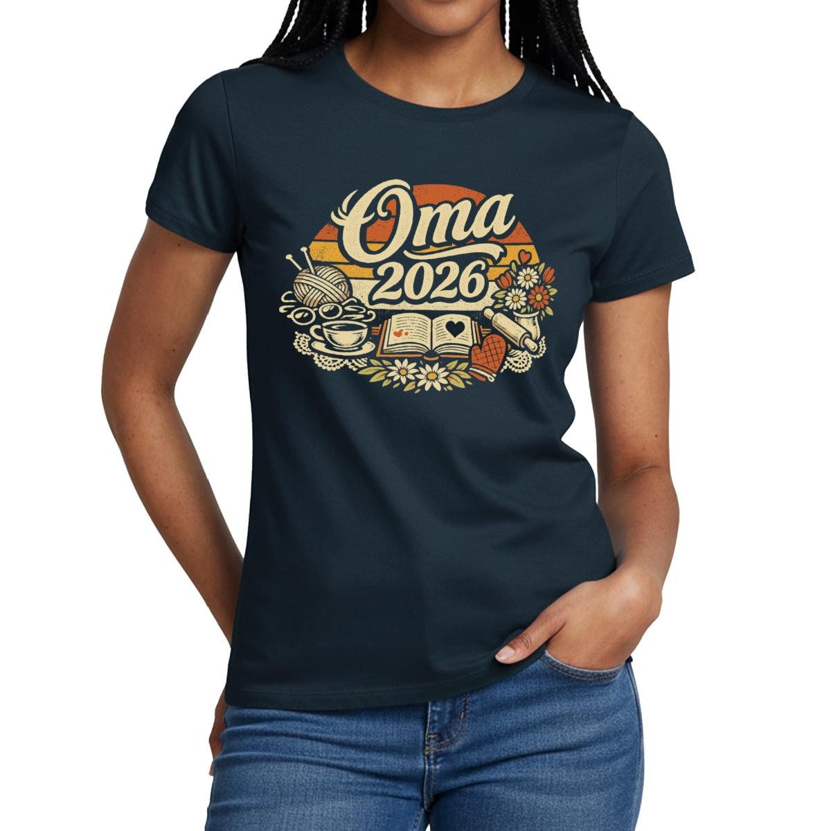 Spreadshirt T-Shirt Oma 2026, Schwangerschaft Ankündigung Frauen T-Shirt (1-tlg) Slim Fit, fällt klein aus