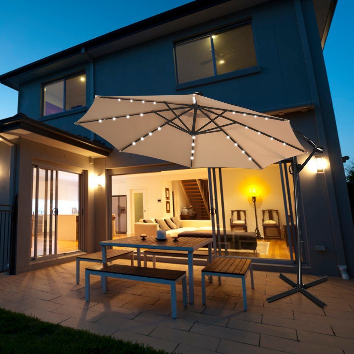 KOMFOTTEU Sonnenschirm mit 32 Solar-LED-Lichtern, höhenverstellbarer günstig online kaufen
