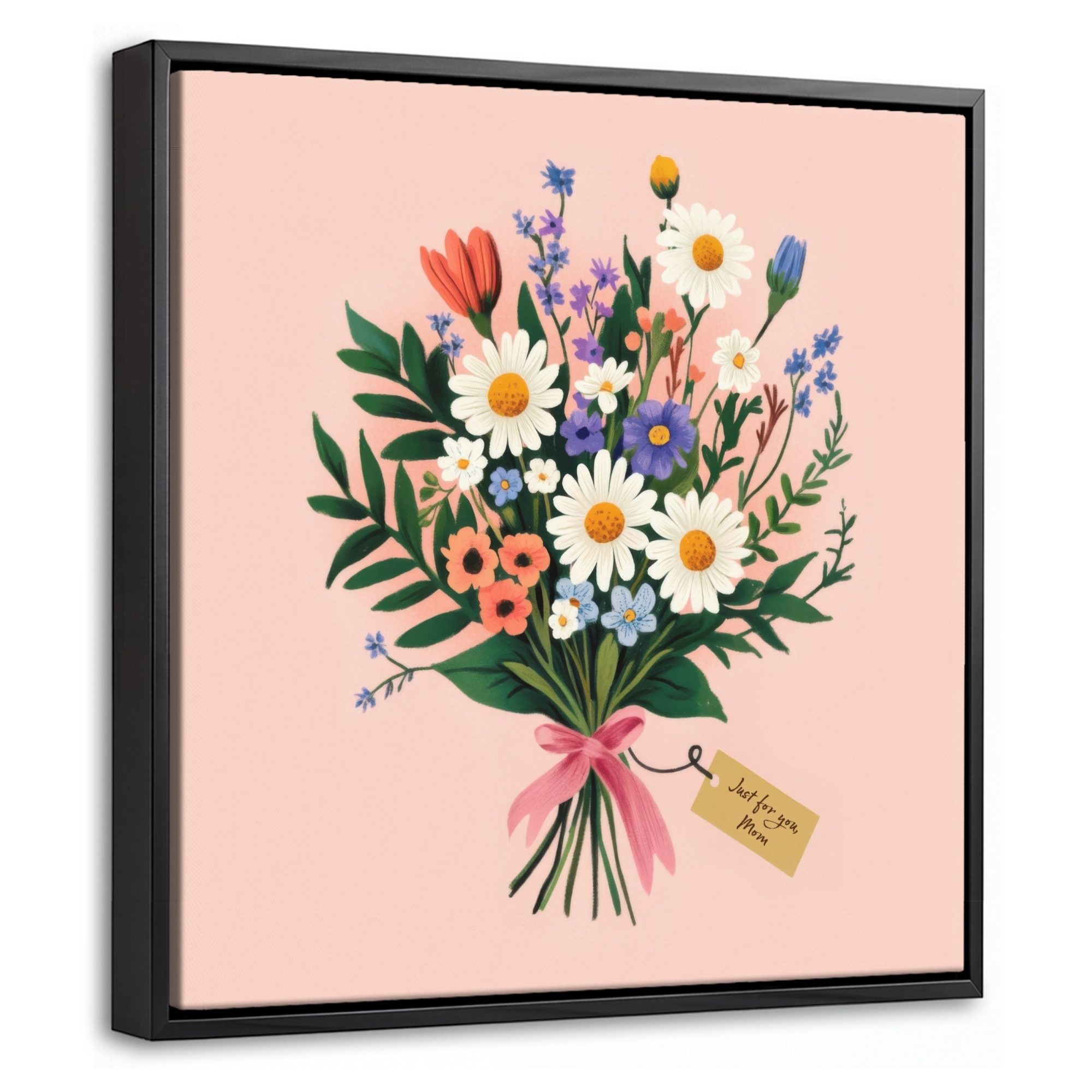 OneMillionCanvasses® Leinwandbild mit Rahmen - Gänseblümchen - Strauß - Schleife - Rosa, Fotodruck (1 St), Leinwand Bilder Klein, Wand Dekoration Aesthetic 20x20cm