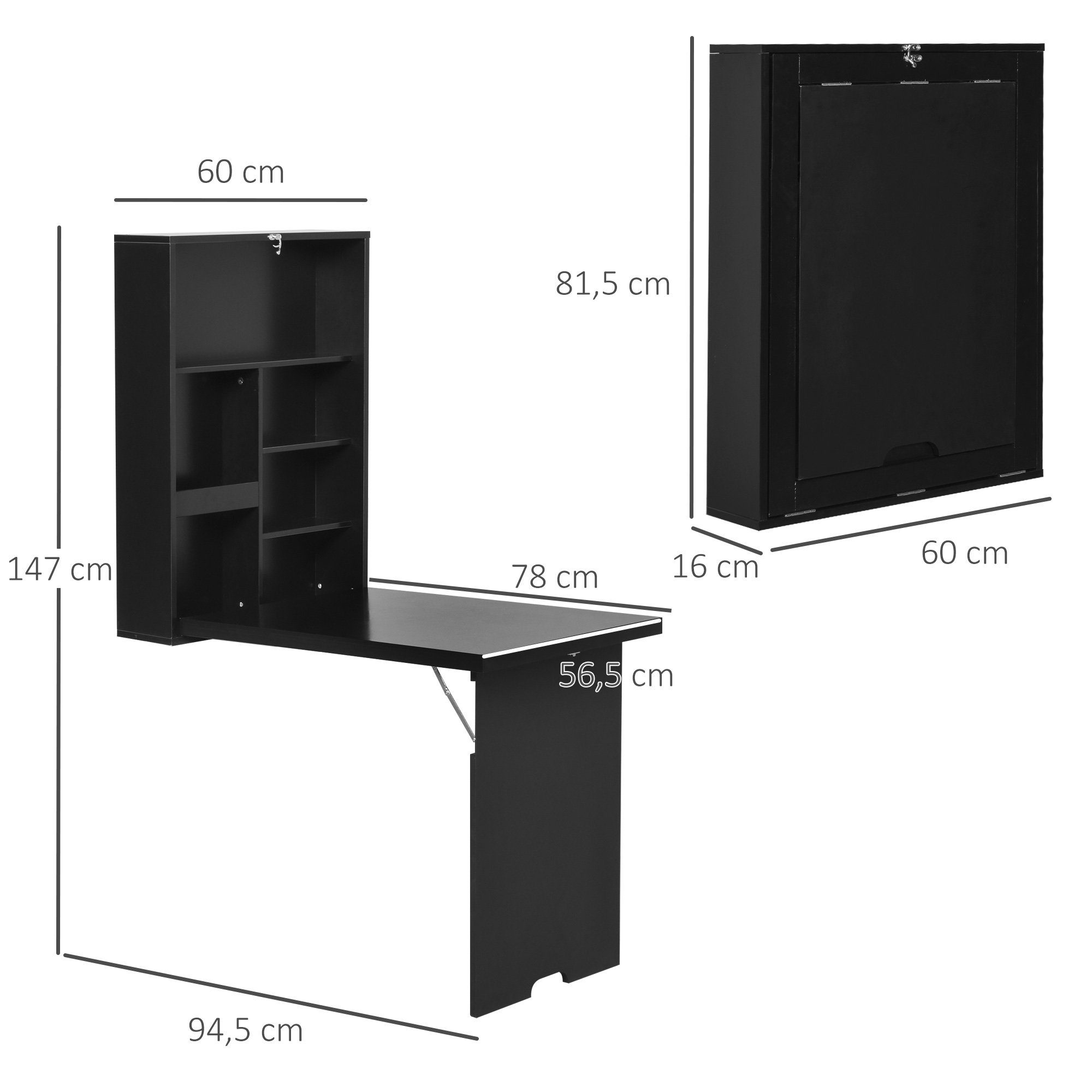 HOMCOM Klapptisch Schreibtisch Wandtisch mit Tafel, 5 Fächern (Computertisch, 1-St., Klappschreibtisch), für Büro Schwarz 60 x 94,5 x 147 cm