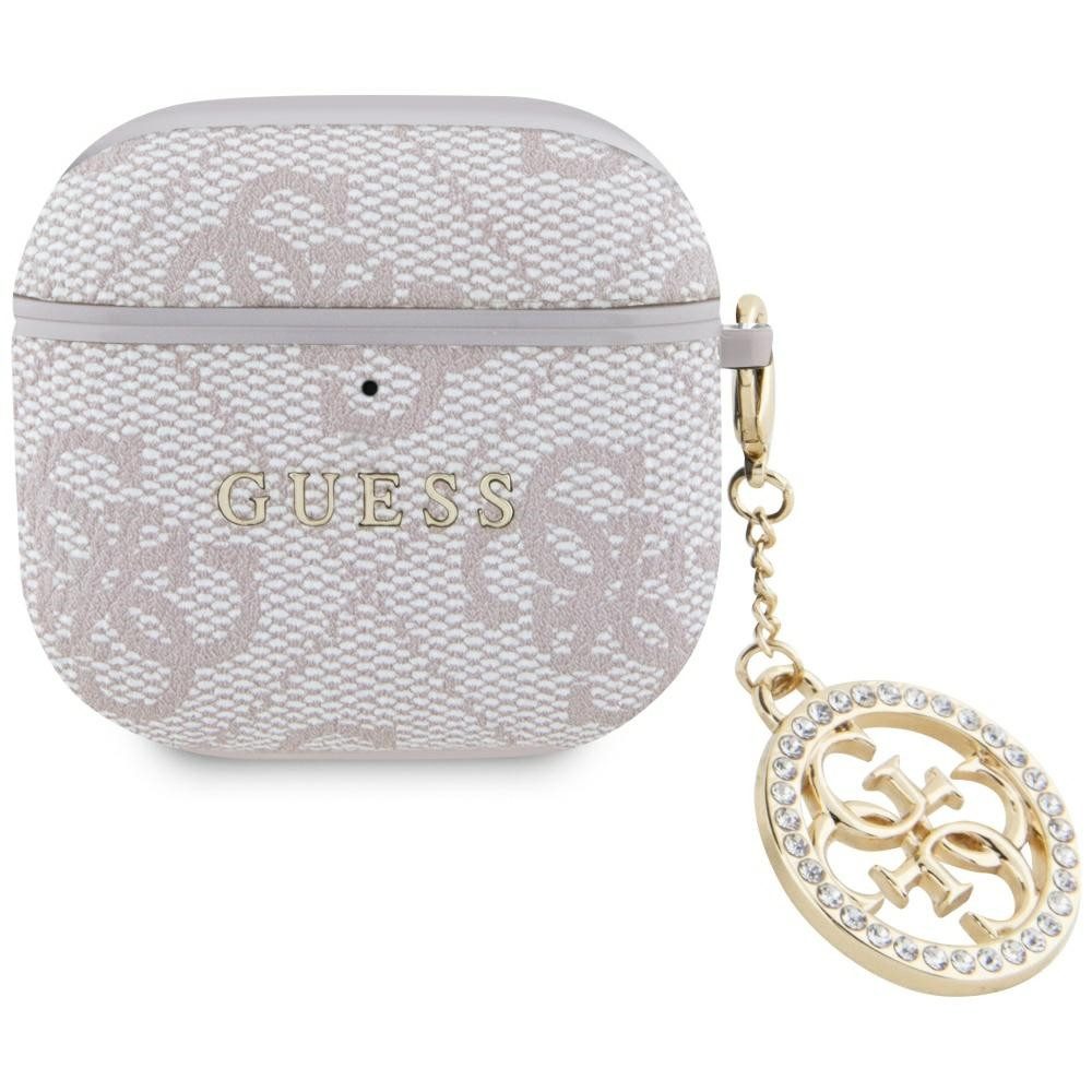 Guess Kopfhörer-Schutzhülle Case AirPods 4 Kunstleder rosa Logo Metal Kette Strass goldfarbig, Kantenschutz