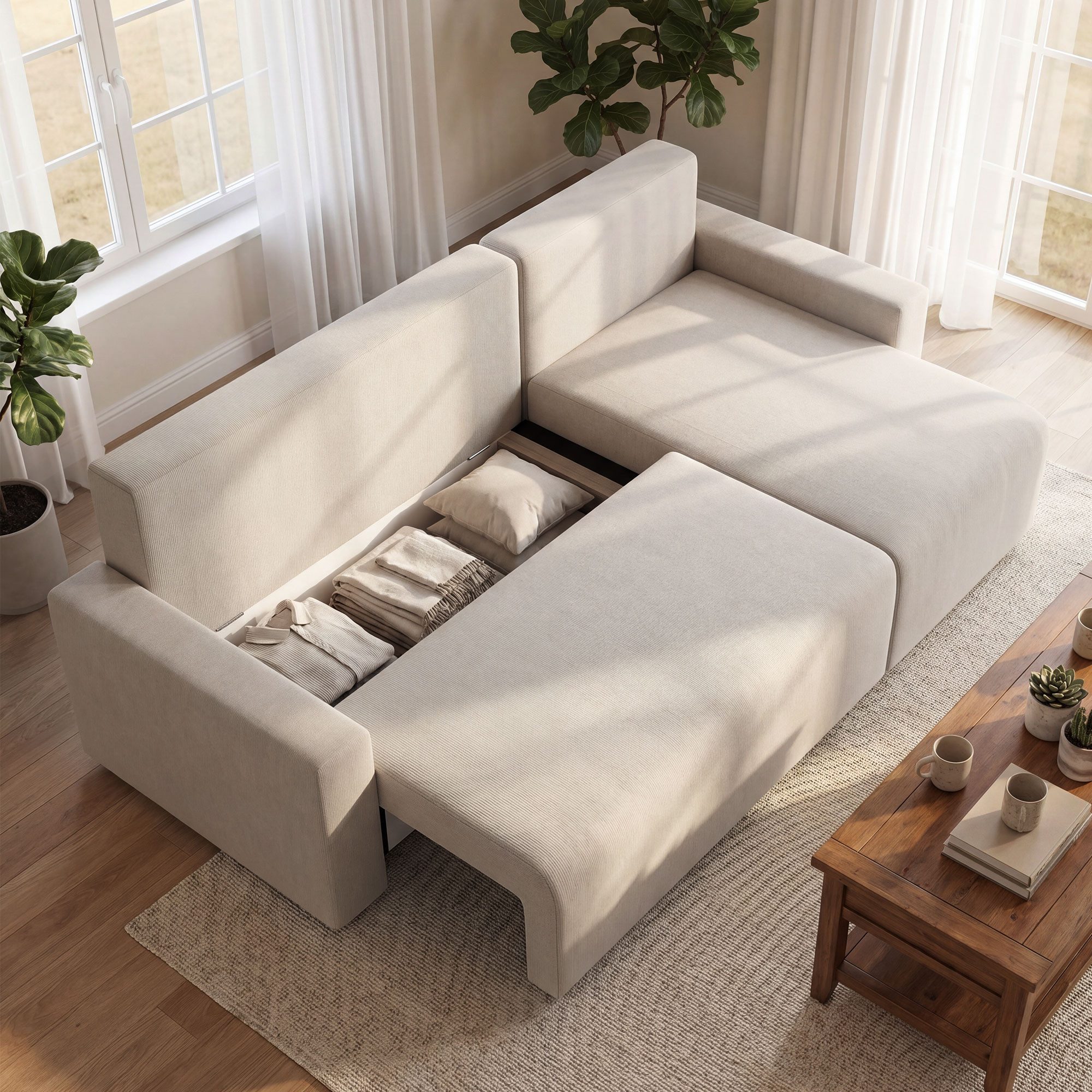 HOMCOM Schlafsofa L-Form 3-Sitzer Sofa aus Veloursbezug Schlafcouch, Beige, Eckcouch 1 Teile, Schlaffunktion, umkehrbare Ottomane, Stauraum