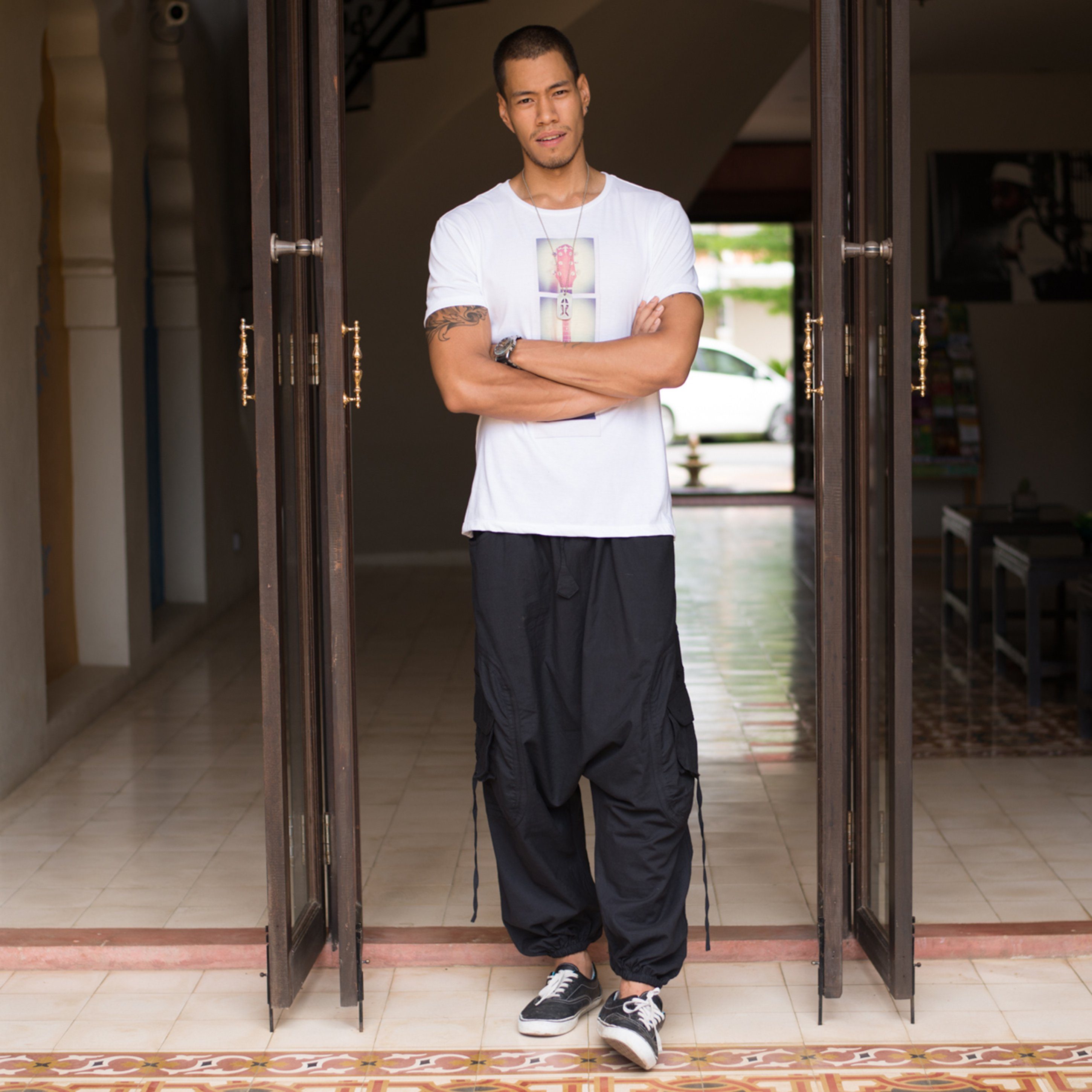 virblatt Haremshose Herren Skater Hose, 100 % Baumwolle, Aladinhose Goa Hose Herren Stickerei an Tasche