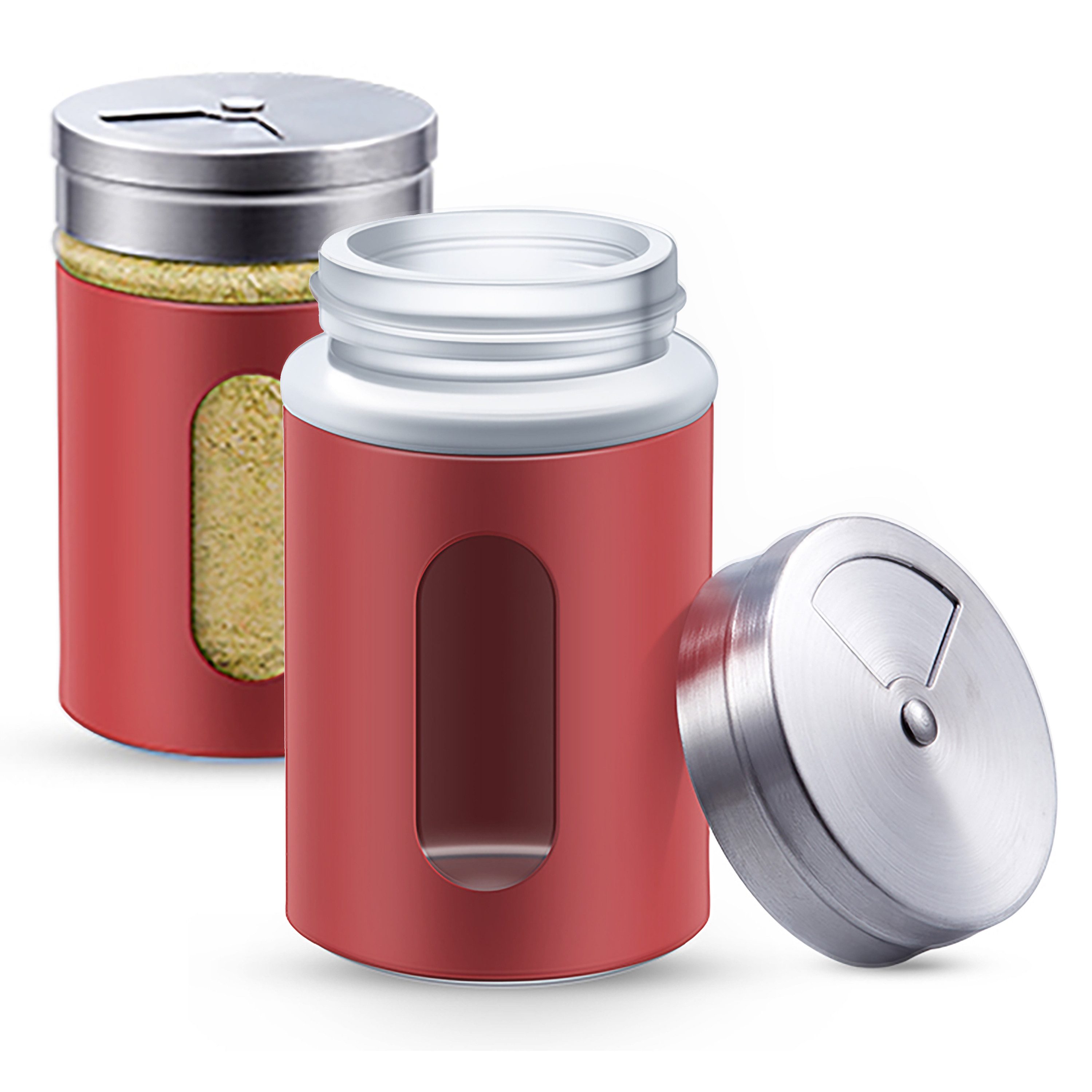 Praknu Salzstreuer 12 Gewürzdosen Rot I Gewürzstreuer Edelstahl Set 80ml, (Set, 12-tlg), Mit Sichtfenster und 3fach Streuregulierung - Gewürzgläser für Gewürze